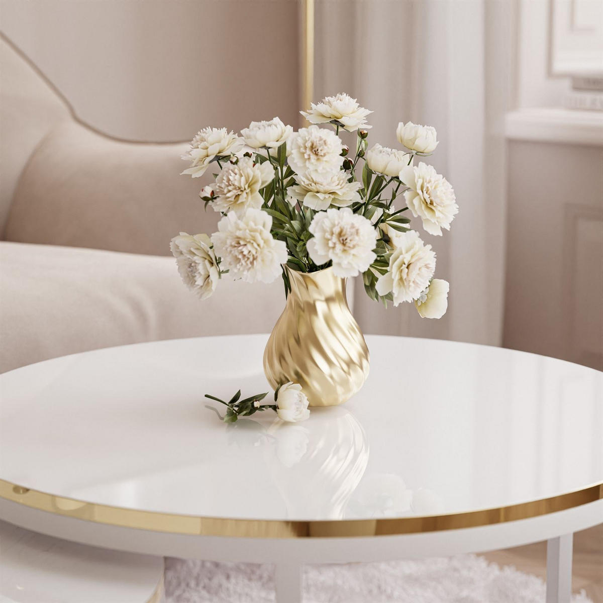 COUCHTISCH SOLEIL 2in1, rund und glänzend, Weiß Gestell - Weiß, Holzwerkstoff (70/70/48cm) - Lookway