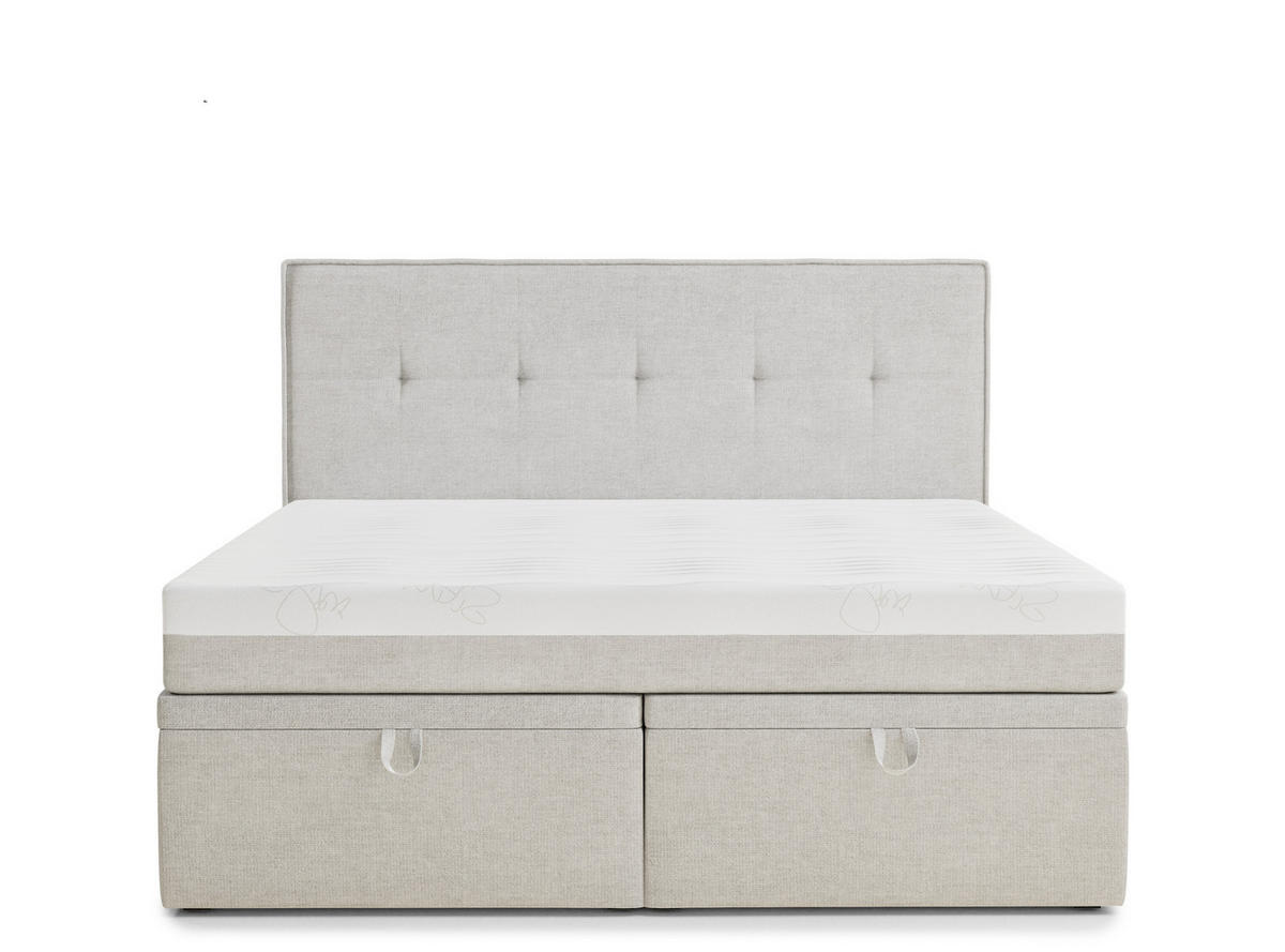 BOXBETT 200/200 cm Comfrey, in Hellbeige, Matratze, gepolstertes Kopfteil, Bettkasten, H3 = fest - Beige/Schwarz, Holz/Holzwerkstoff (200/200cm) - Maison de Reve