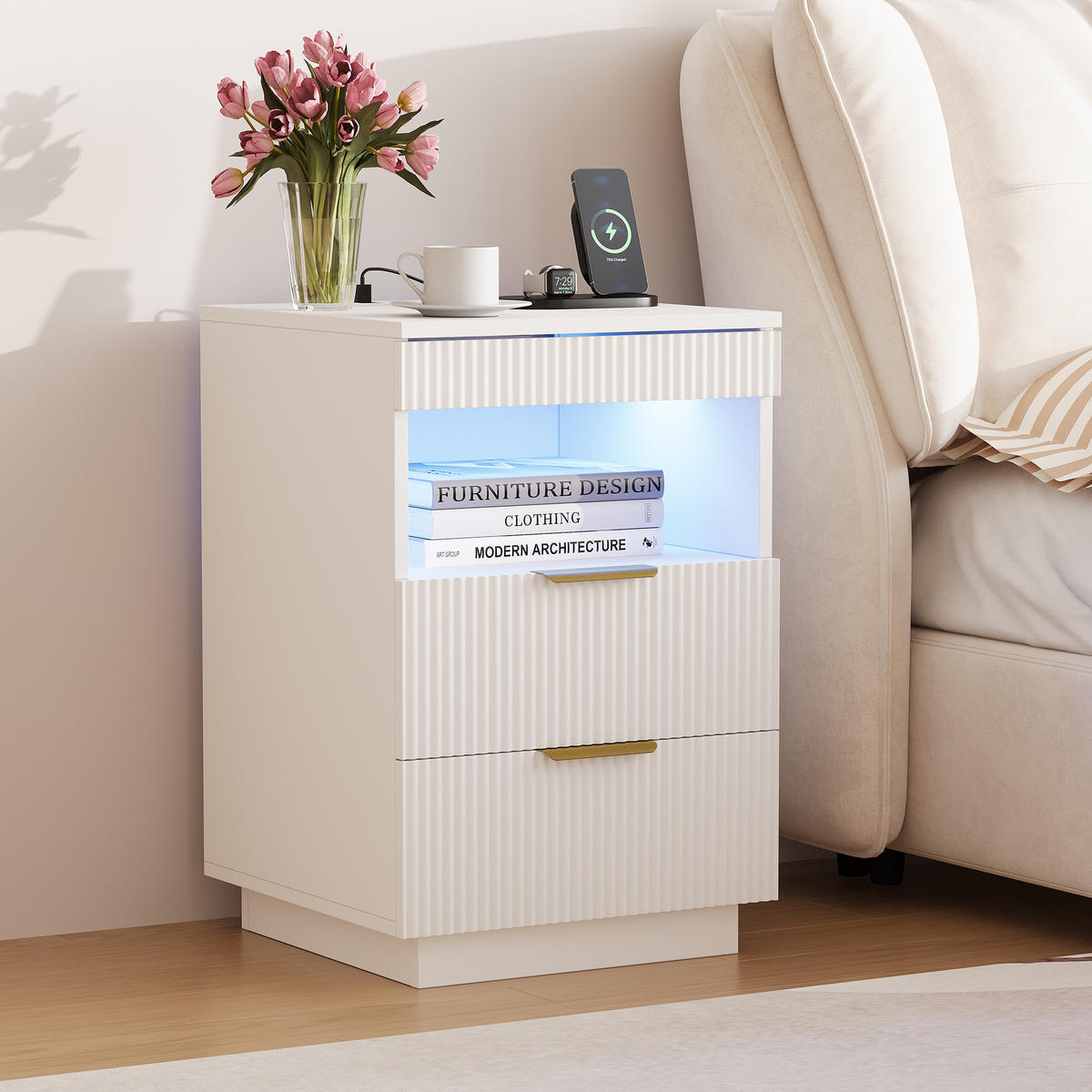 NACHTSHRANK Weiß mit LED-Beleuchtung, Steckdose, USB & Type-C, Nachttisch mit 2 Schubladen, 40/40/60 cm - Goldfarben/Weiß, Holz/Metall (40/60/40cm) - BPKADHY