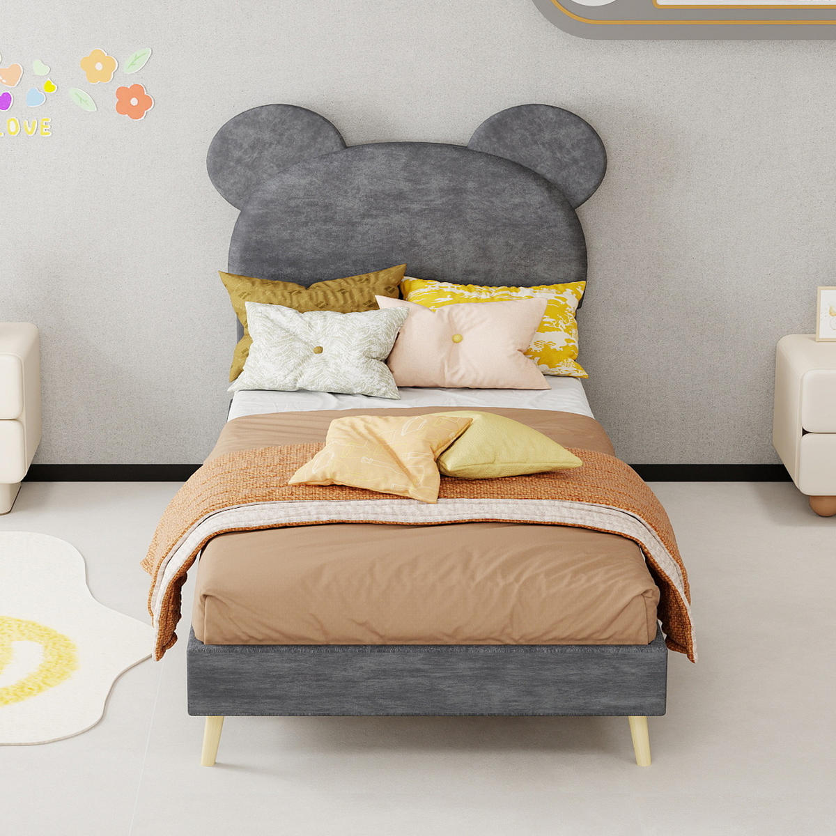 KINDERBETT 90/200 cm in Grau mit Bettkasten Stoff im Cartoon-Design - Naturfarben/Grau, Holzwerkstoff/Textil (90/200cm) - STILVORA