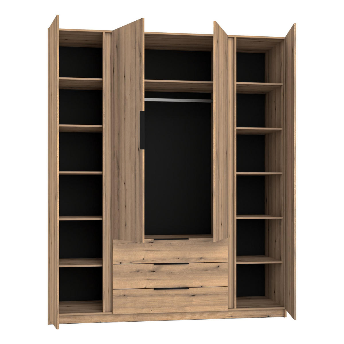 KLEIDERSCHRANK Nehir Eiche Evoke/Schwarz 200 cm - 4T3S Modern mit Schubladen - Eichefarben/Schwarz, Holzwerkstoff/Kunststoff (200/239/61.9cm) - AX Living