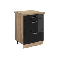 KÜCHENUNTERSCHRANK R-Line Schwarz Hochglanz 60 cm mit Schubladen AP Eiche - Schwarz Hochglanz/Eiche Wotan, Holzwerkstoff (60/81.6/60cm) - Vicco
