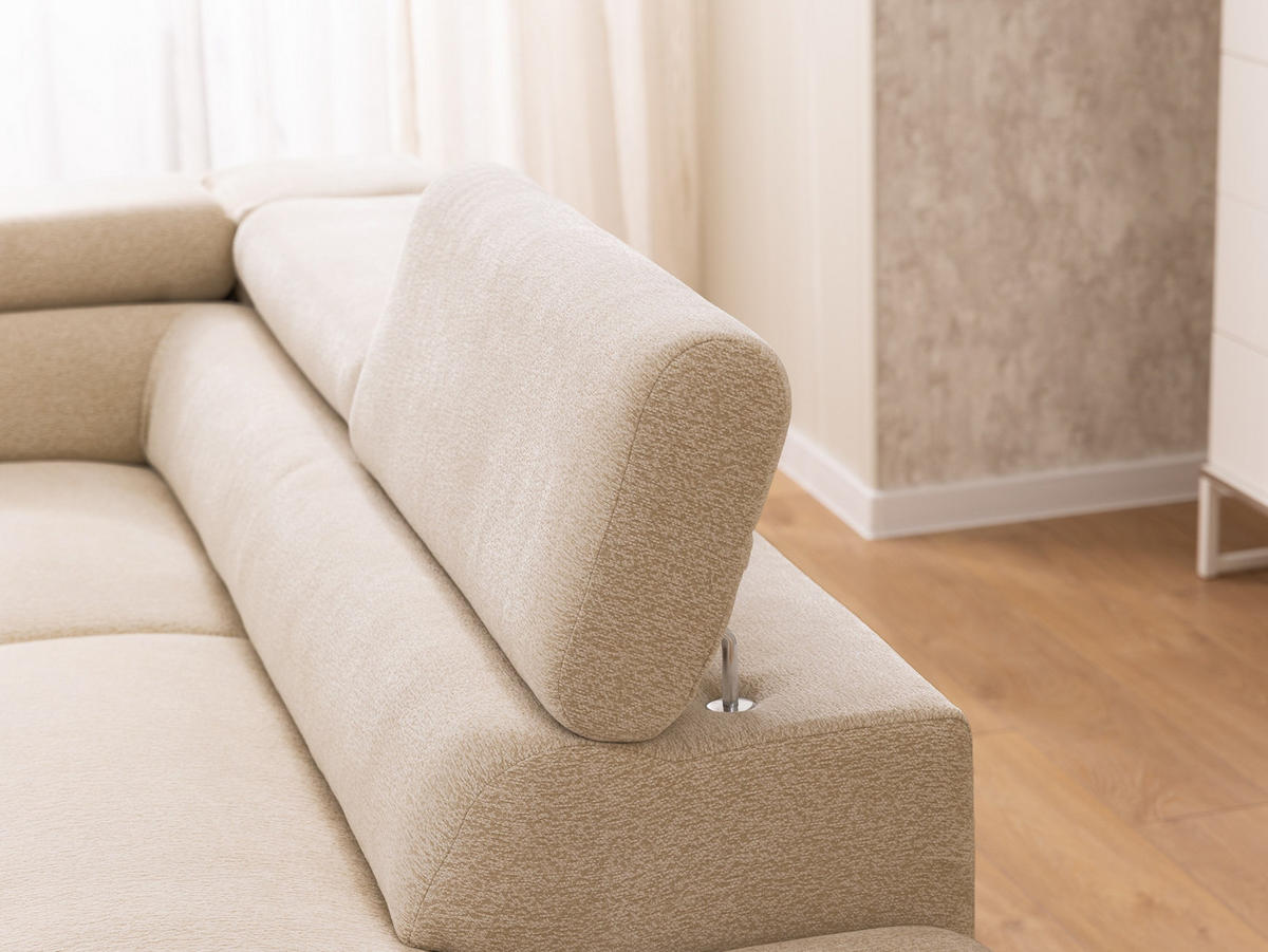 ECKSOFA mit Schlaffunktion und Bettkasten Bonnie aus Taupe Chenille-Stoff mit verstellbaren Kopfstützen und Armlehne - Ottomane rechts - Taupe/Schwarz, Holz/Textil (275/210cm) - S-Style Möbel