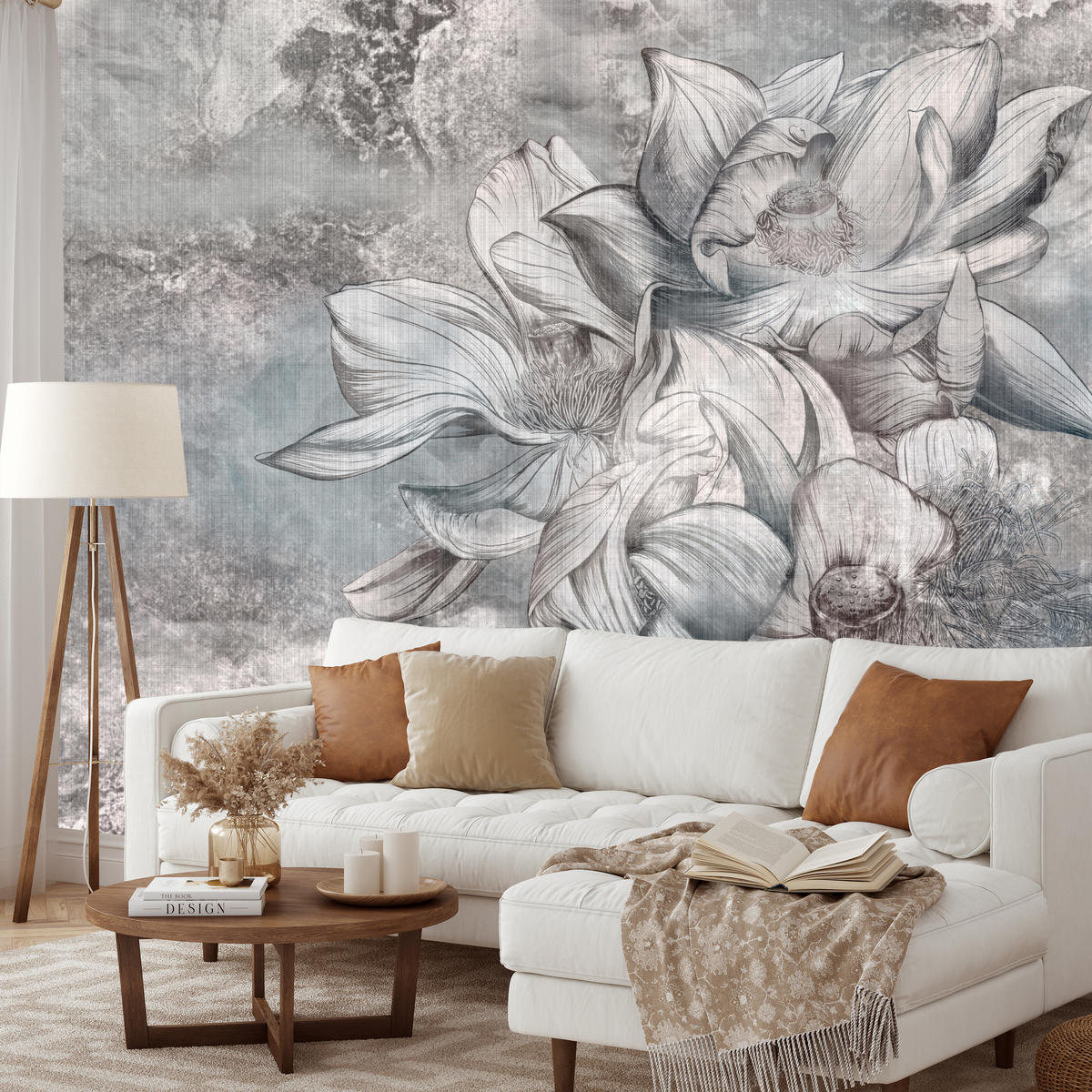 FOTOTAPETE für Wohnzimmer Wunderschöne Blume Betonwand Retro 250x175 - Grau, Papier (250/175cm) - Muralo