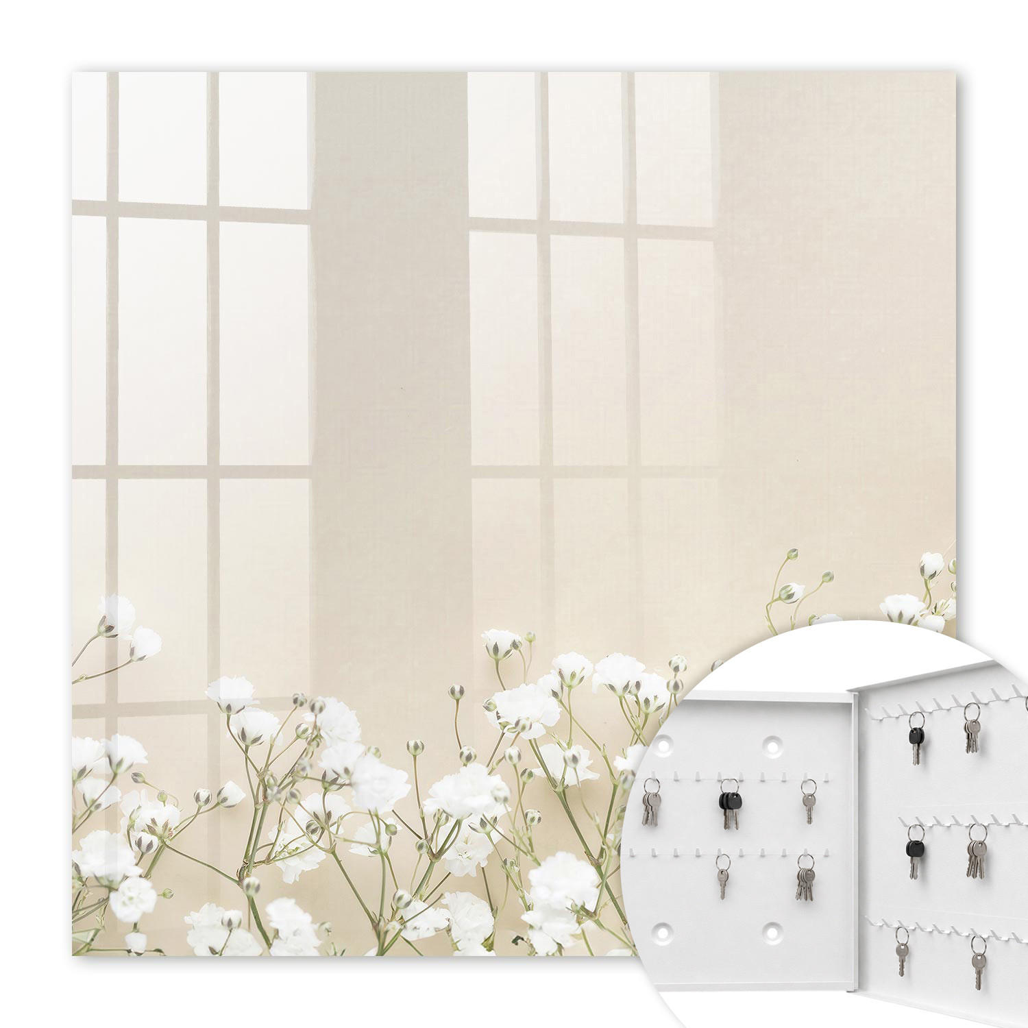 SCHLÜSSELBOX Weiß 30x30 cm – Türöffnung nach rechts - Blumen subtil - Beige, Metall (30/30/5cm) - TULUP