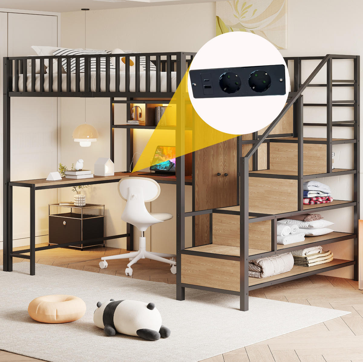 HOCHBETT 140/200 cm mit Schreibtisch, Kleiderschrank, Regalen, LED und Steckdosen, Schwarz - Schwarz, Metall (140/200cm) - Redom