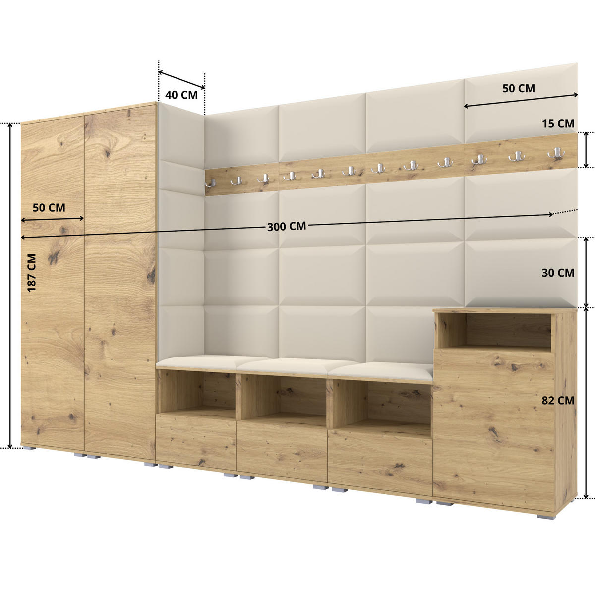 GARDEROBE NELA XII 300 cm (Modulare Flurmöbel Artisan Eiche mit Sitzpolster Creme 01 Gigantisches Set) - Silberfarben/Creme, Holz/Holzwerkstoff (300/187/40cm) - Ravio