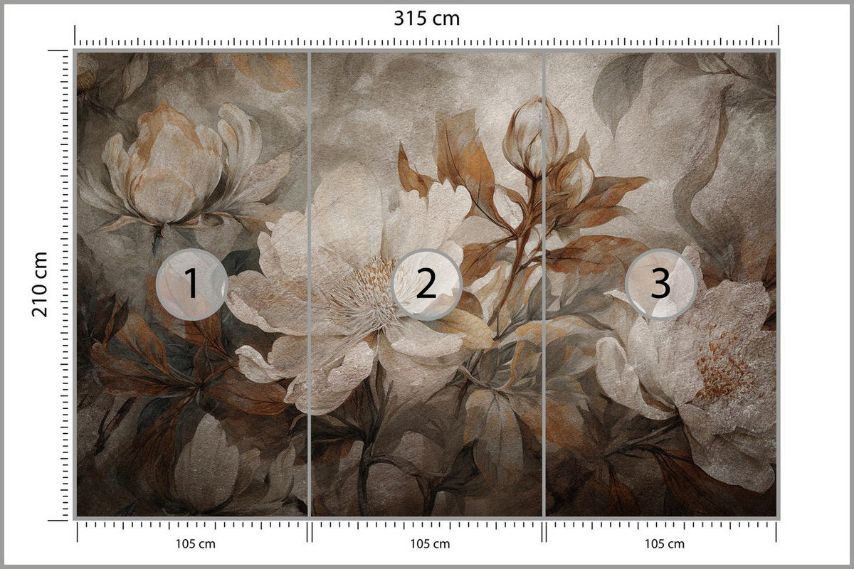 FOTOTAPETE Blumen Blätter Pflanzen Natur Retro Stil 315x210cm - Beige/Braun, Papier (315/210cm) - Muralo