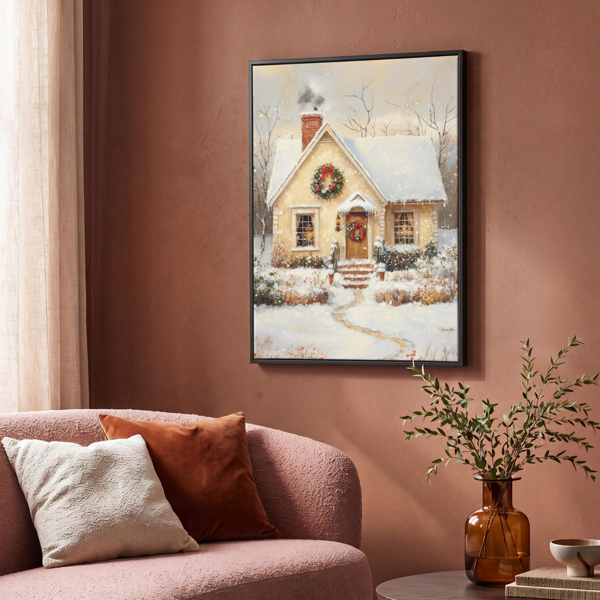 LEINWAND Bilder mit Rahmen - Weihnachten - Zuhause - Winter - Schnee - 70x100 - Creme, Textil (70/100cm) - MuchoWow