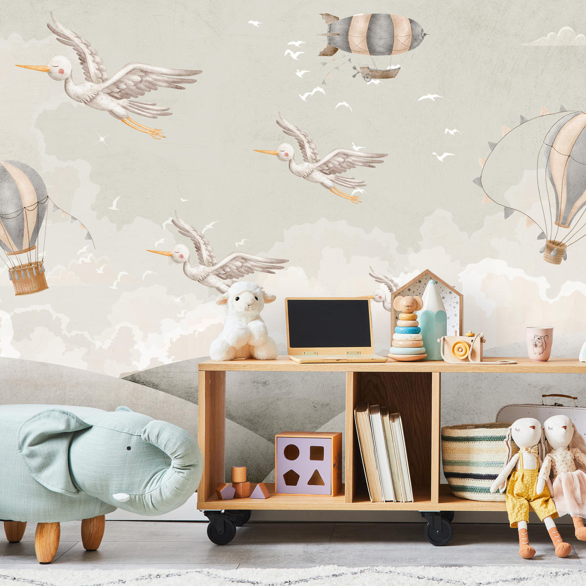 FOTOTAPETE für Kinderzimmer Boho Störche Aquarell Balon Luftschiff Himmel 450x315 - Beige/Weiß, Papier (450/315cm) - Muralo