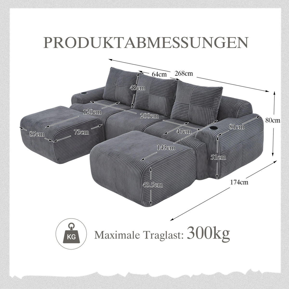 WOHNLANDSCHAFT 268/174/66 cm in Dunkelgrau, modular mit Cupholder und Seitentasche - Dunkelgrau, Textil (174/80/268cm) - Flora Grace