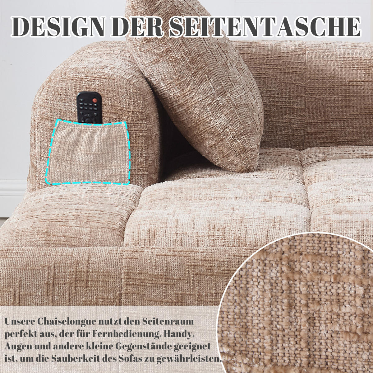CHAISELONGUE Sofa Chenille mit Seitentaschen und Kissen 158/90/60 cm Sandfarben - Sandfarben, Textil (60/158/90cm) - Redom