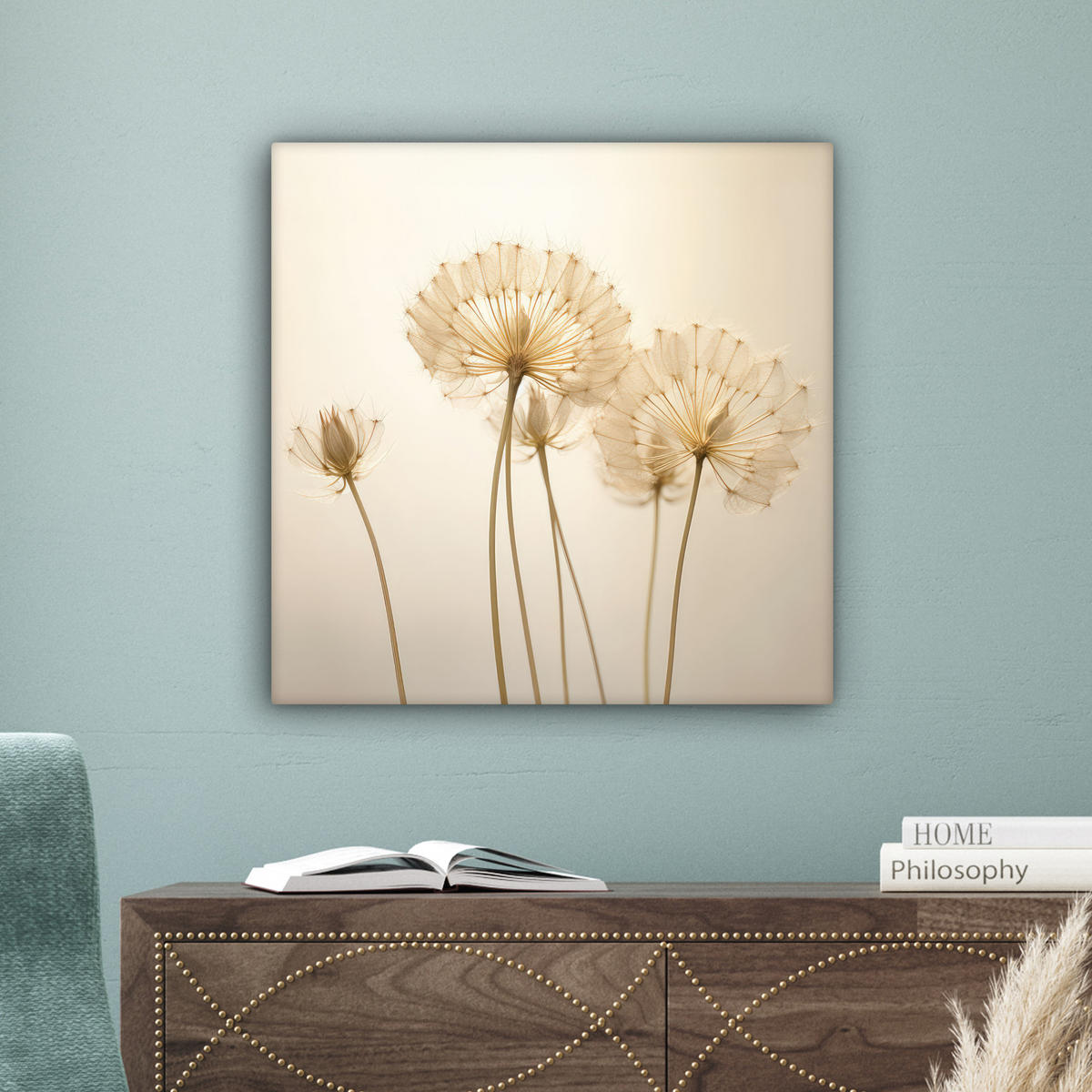 LEINWANDBILD Sonnenlicht - Löwenzahn - Botanisch - Blumen Wandbild Wohnzimmer 50x50 cm - Creme, Textil (50/50cm) - MuchoWow