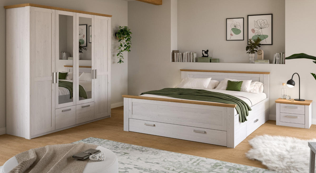 SCHLAFZIMMER weiß Lärche, Eiche Artisan Landhaus, Komplettset mit Bett Liegefläche 180 x 200 cm - Eichefarben/Silberfarben, Holzwerkstoff/Kunststoff (180/200cm) - Inn.Furn
