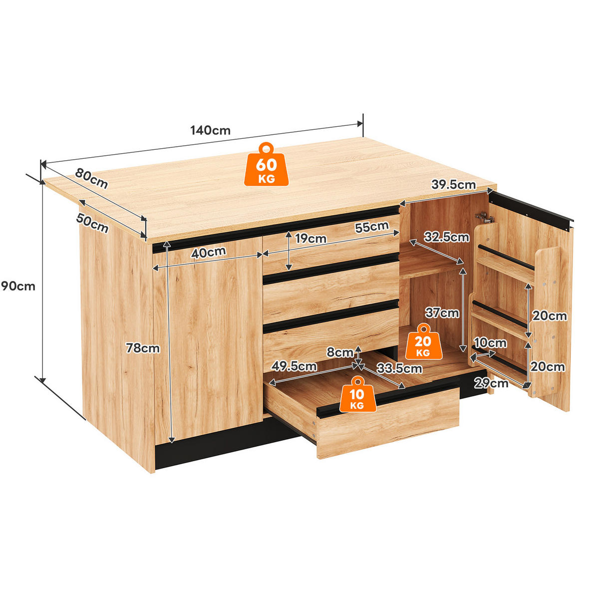 KÜCHENINSEL 140/50/90 cm Natürlich mit 4 Schubladen, ausklappbarer Arbeitsplatte und 2 Schränken - Silberfarben/Weiß, Holz/Holzwerkstoff (80/90/140cm) - Oxeza