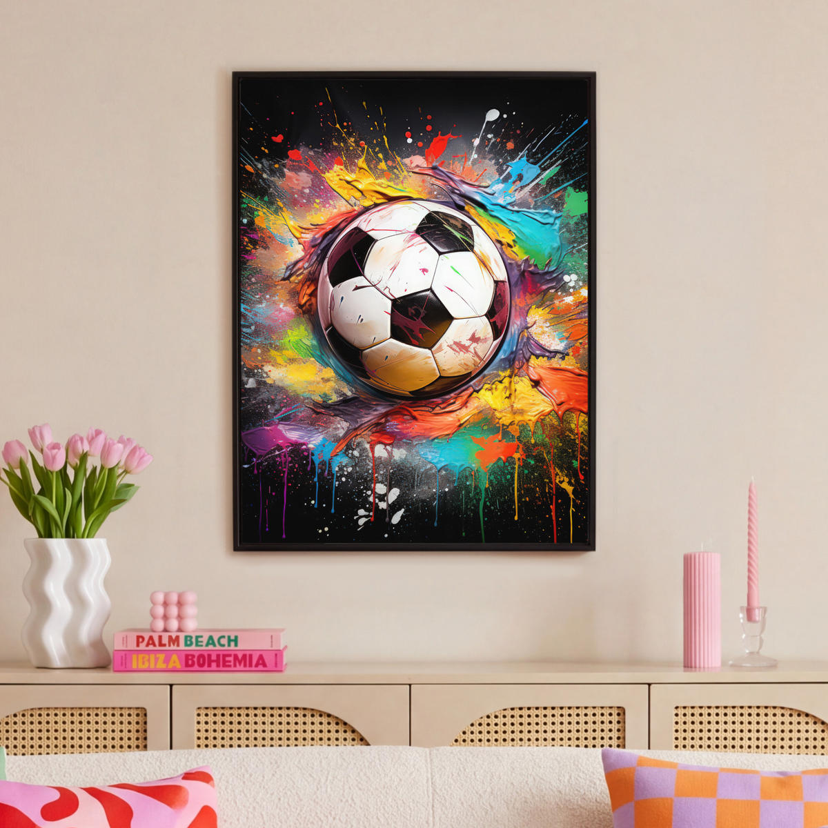 LEINWAND Bilder mit Rahmen - Fußball - Farbe - Farben - Schwarz - Weiß - 70x100 - Weiß, Textil (70/100cm) - MuchoWow
