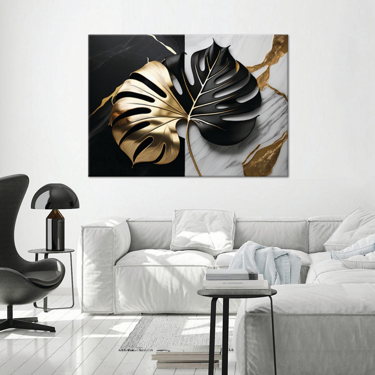 WANDBILD goldene und schwarze monstera auf weißem und schwarzem hintergrund - Schwarz, Textil (60/40cm) - Feeby