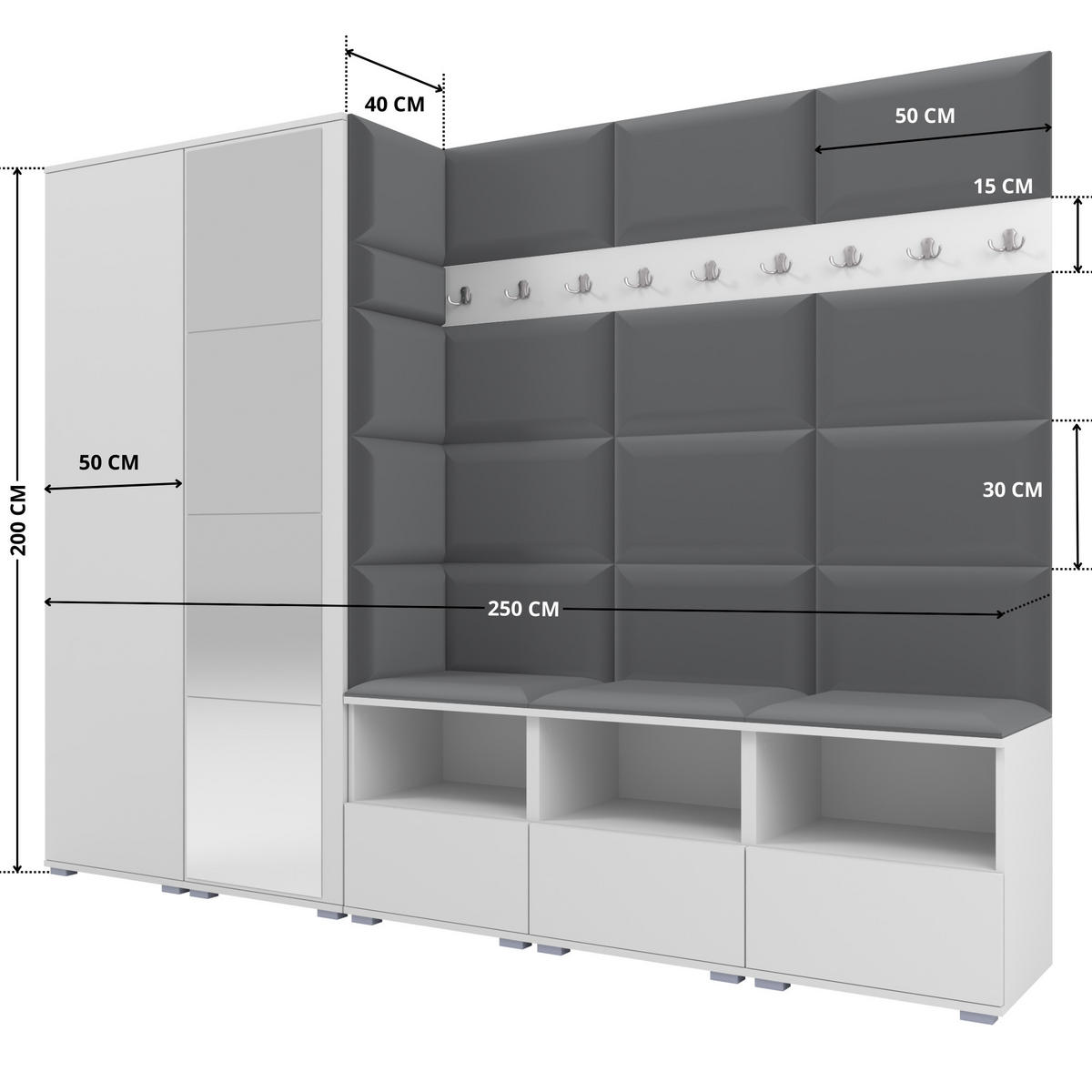 GARDEROBE NELA VII 250 cm (Modulare Flurmöbel XL Weiß mit Spiegel & Sitzpolster Dunkelgrau 15 Universell) - Dunkelgrau/Silberfarben, Holz/Holzwerkstoff (250/187/40cm) - Ravio