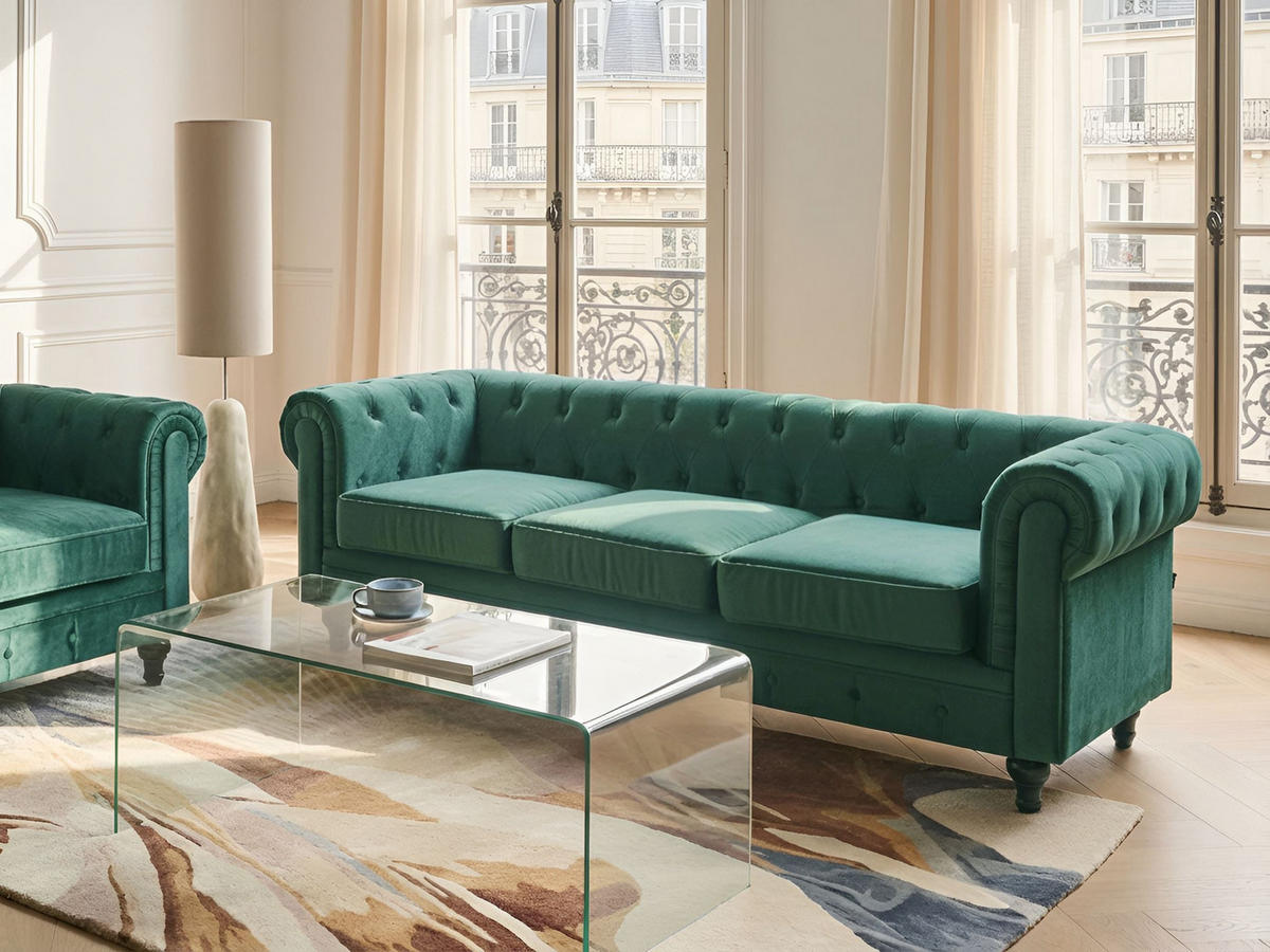 3-SITZER-SOFA Samtstoff Grün Chesterfield - Hellgrün, Textil (202/70/75cm) - Beliani