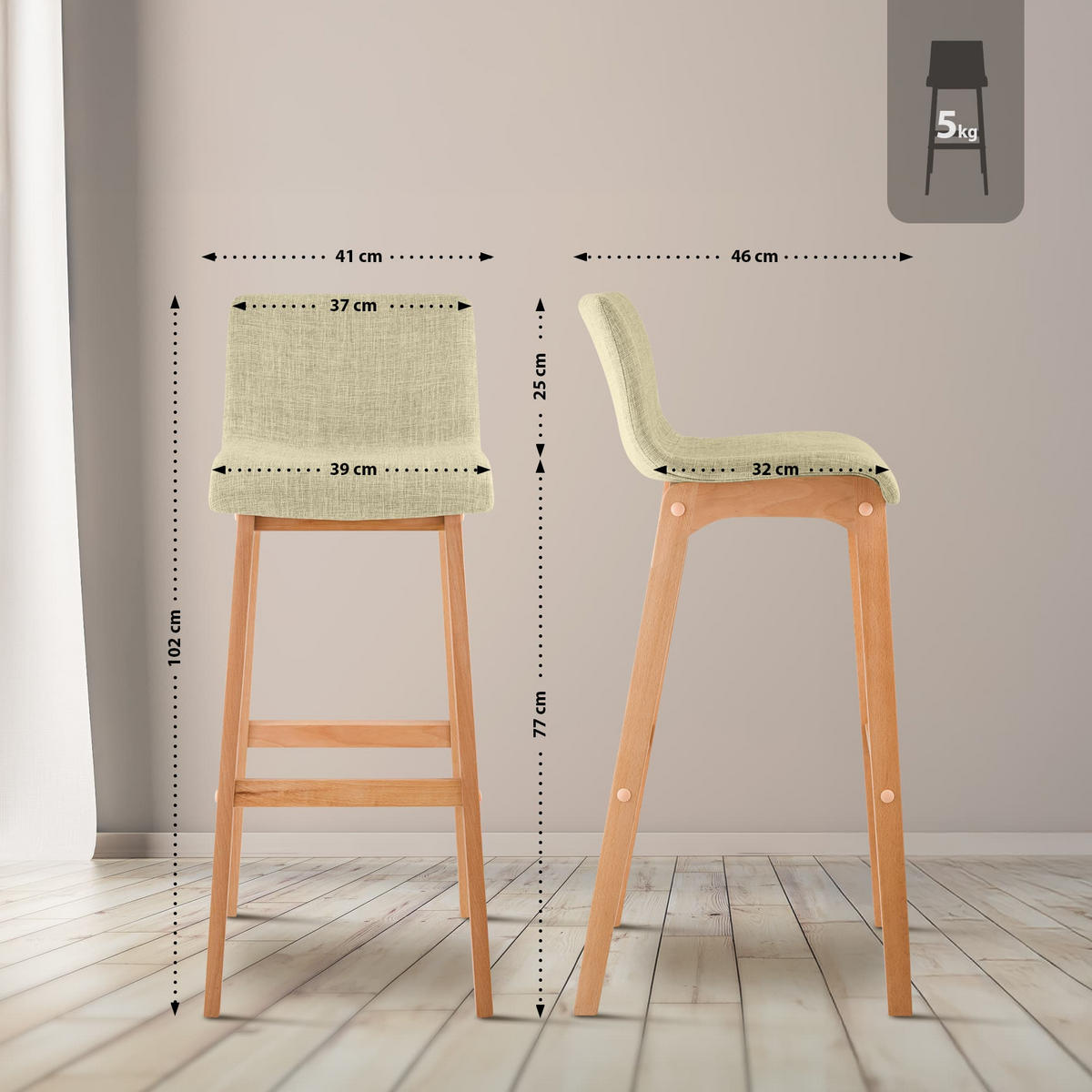 BARHOCKER 2er Set Stoff Creme - Eukalyptusholzfarben/Creme, Holz/Textil (41/102/46cm) - CLP