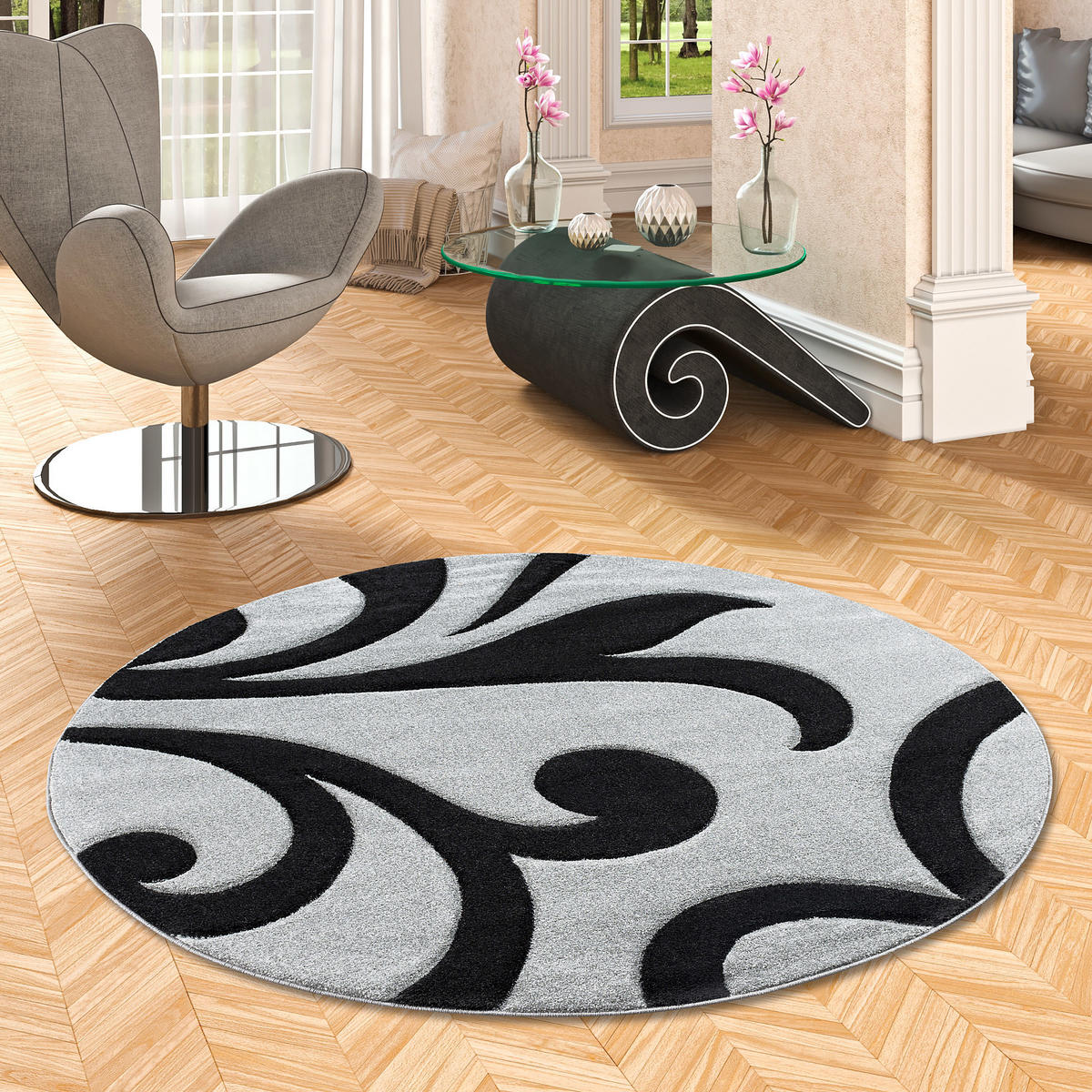 DESIGNER TEPPICH MAUI RANKEN RUND - Schwarz/Grau, Textil (160/160cm) - Pergamon