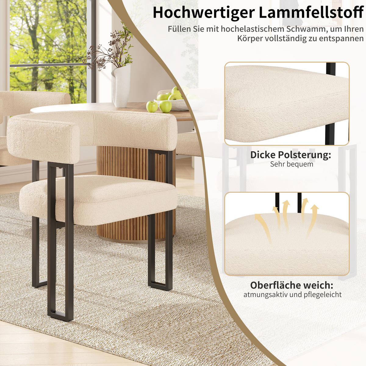 WOHNZIMMER STÜHLE mit Lammwollstoff 4tlg mit Rückenlehne - Beige, Textil (54/72/51.5cm) - EVRYAE