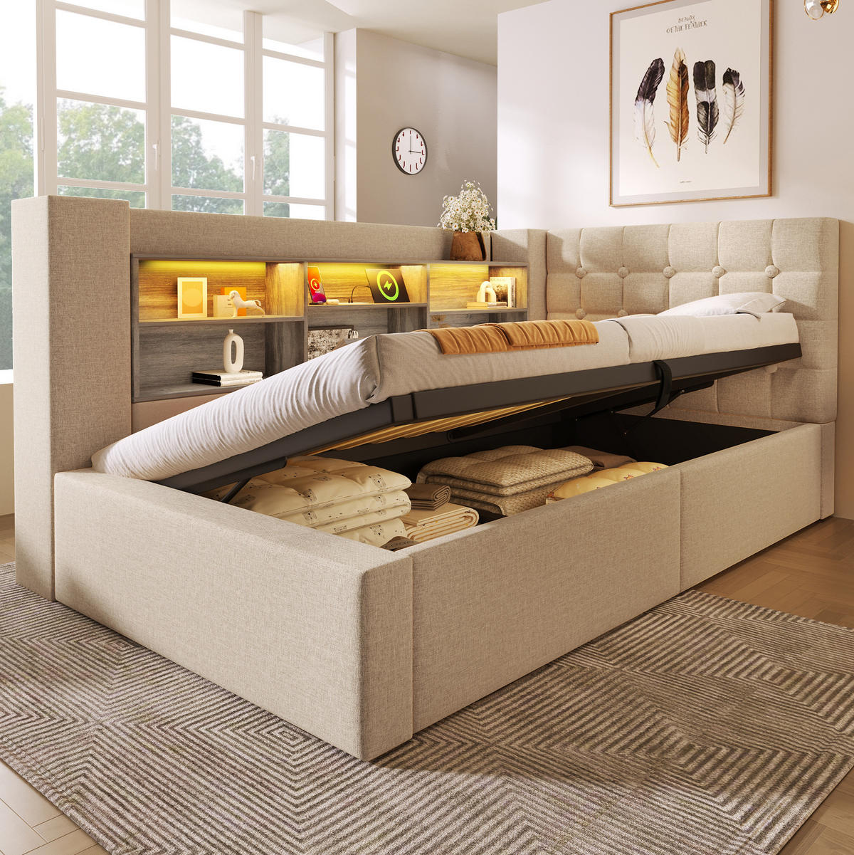 POLSTERBETT mit Stauraum 90x200 cm Leinen Beige inkl. Matratze - Beige, Metall (90/200cm) - Meubliv