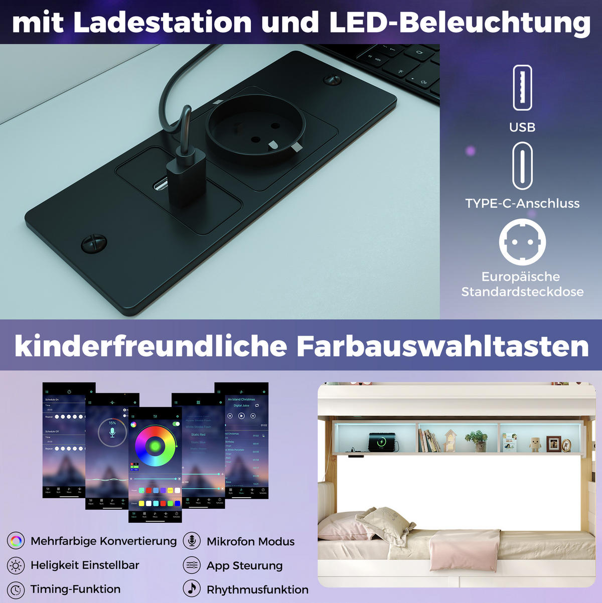 ETAGENBETT 90/200+90/200 cm in Weiß mit Stauraumtreppe und LED-Beleuchtung - Weiß, Holz (90/200cm) - Flora Grace