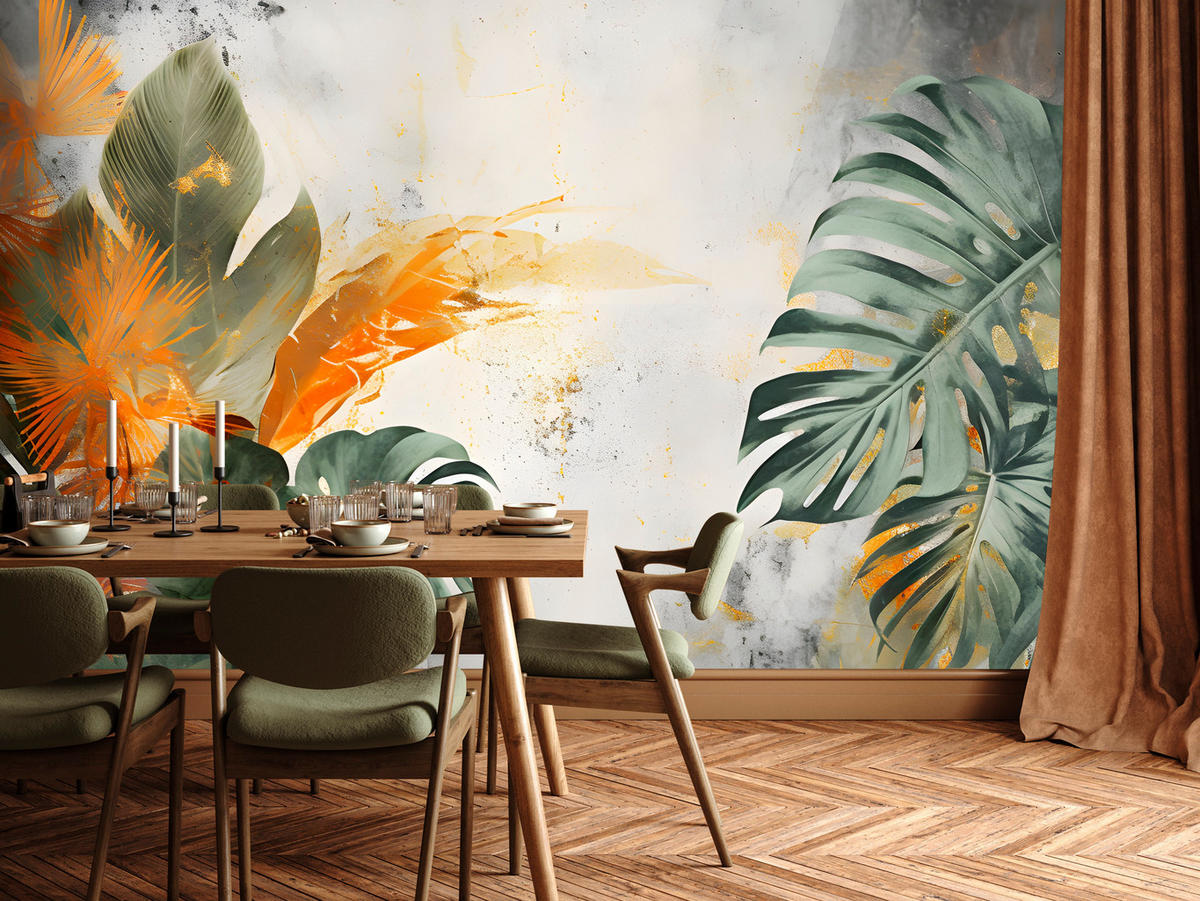 FOTOTAPETE für Schlafzimmer Tropen Monstera Beton Natur Blätter 200x140 - Beige/Orange, Papier (200/140cm) - Muralo