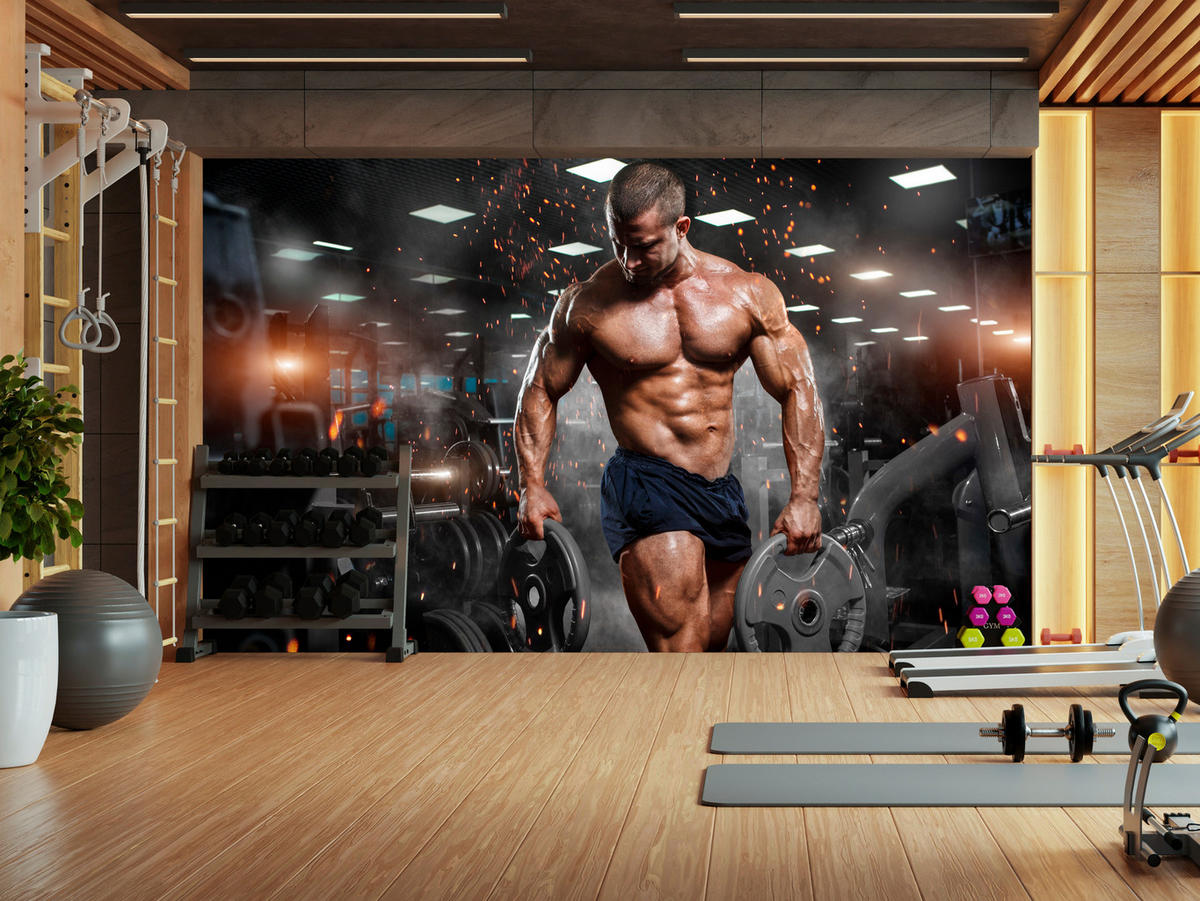 FOTOTAPETE Muskulöser Mann Gym Fitnessstudio Sport 150x105 - Beige/Schwarz, Papier (150/105cm) - Muralo