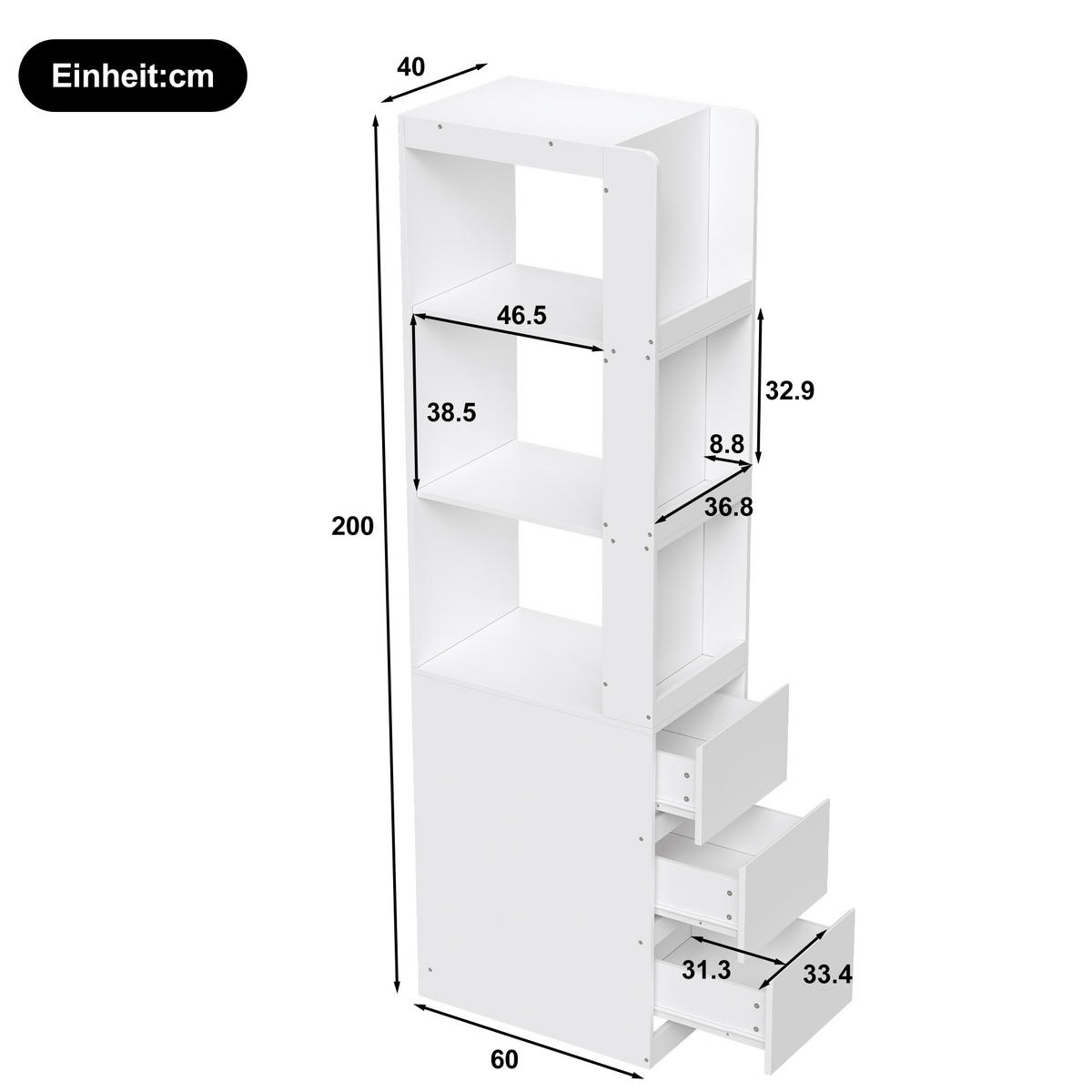 BÜCHERREGAL 60cm 200cm hoch 3 Fächer 3 Schubladen Anti-Kipp - Weiß, Holzwerkstoff (60/200/40cm) - FLIEKS