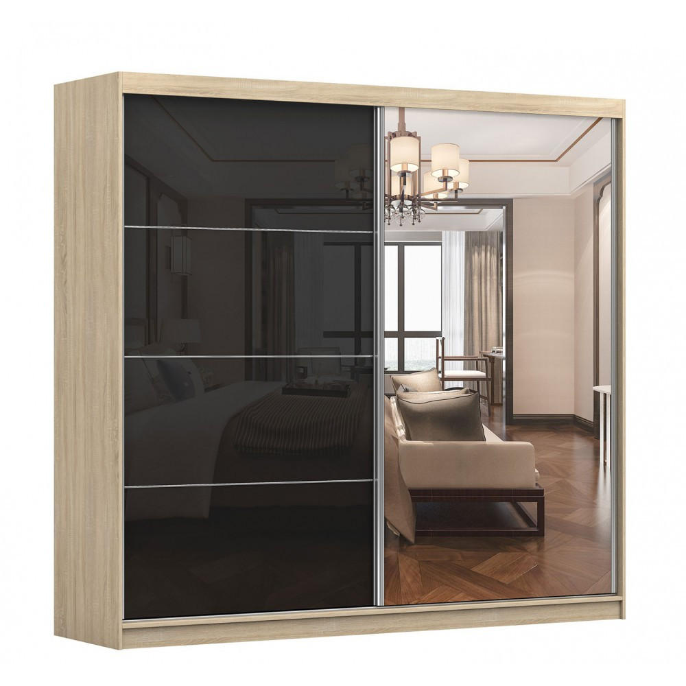 SCHWEBETÜRENSCHRANK Multi 31 Sonoma Eiche, Schwarz + Spiegel 233 cm - Schwarz/Alufarben, Glas/Holzwerkstoff (233/218/61cm) - imoebel24