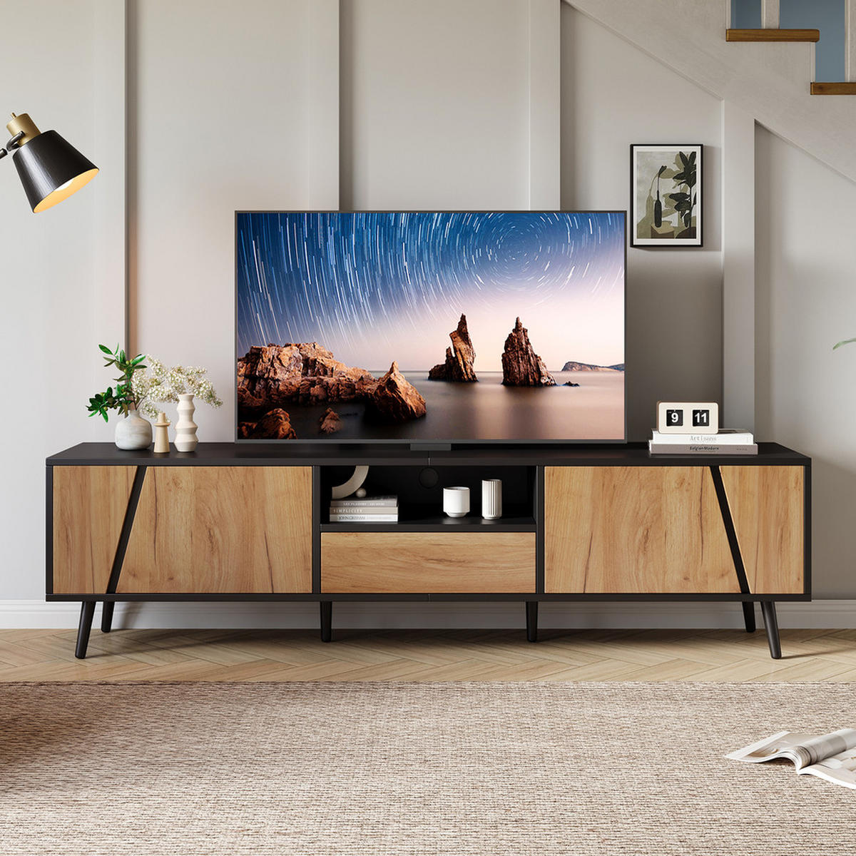 TV-SCHRANK 180x40cm Lowboard Modern Schubladen 2 Schränke Naturholz-Schwarz - Schwarz, Holz (50.8/12.07/64.77cm) - FLIEKS