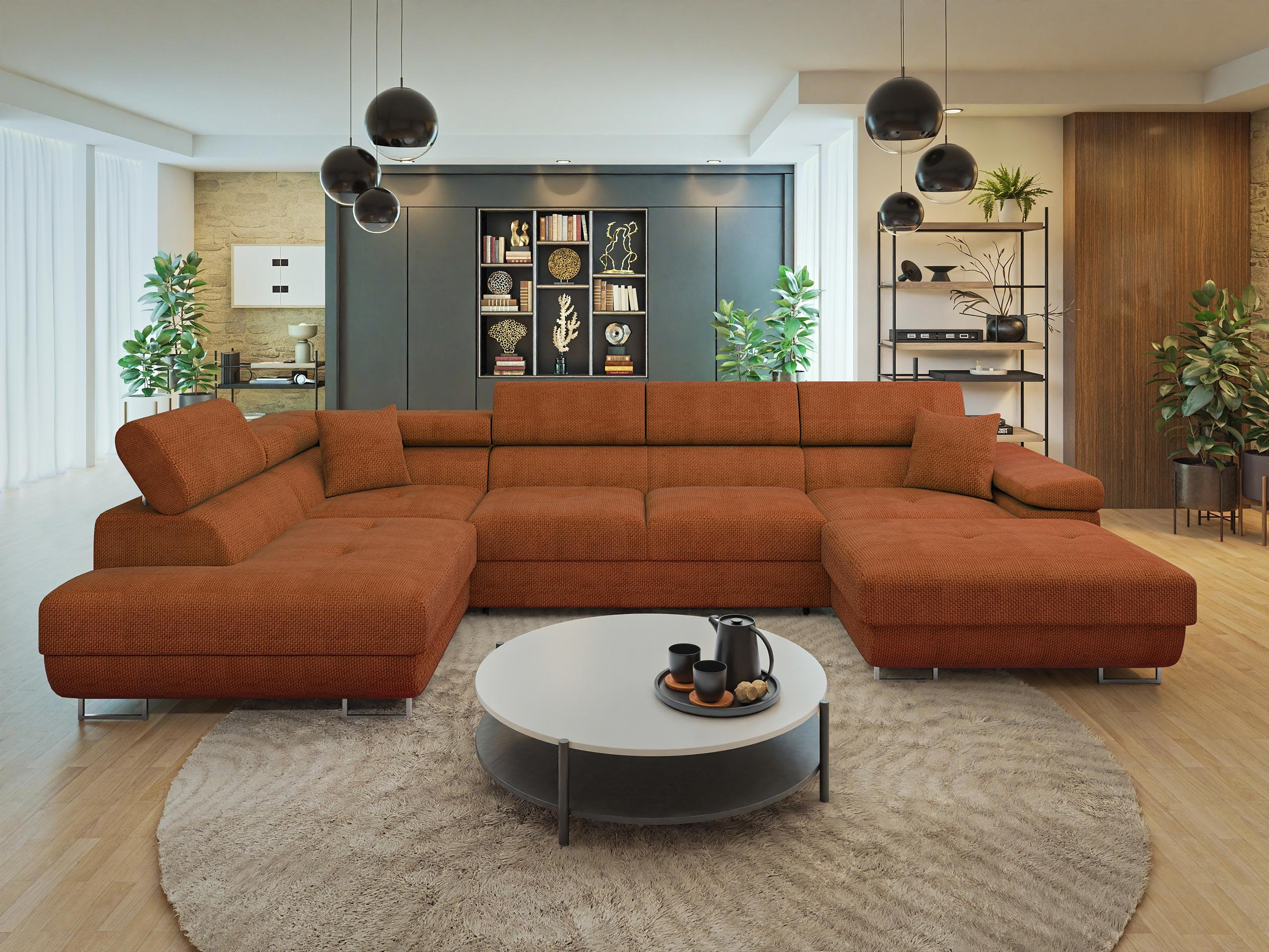 WOHNLANDSCHAFT Torezio Bis, Seite: Links - Dunkelorange, Holz/Textil (346/90/203cm) - MIRJAN24