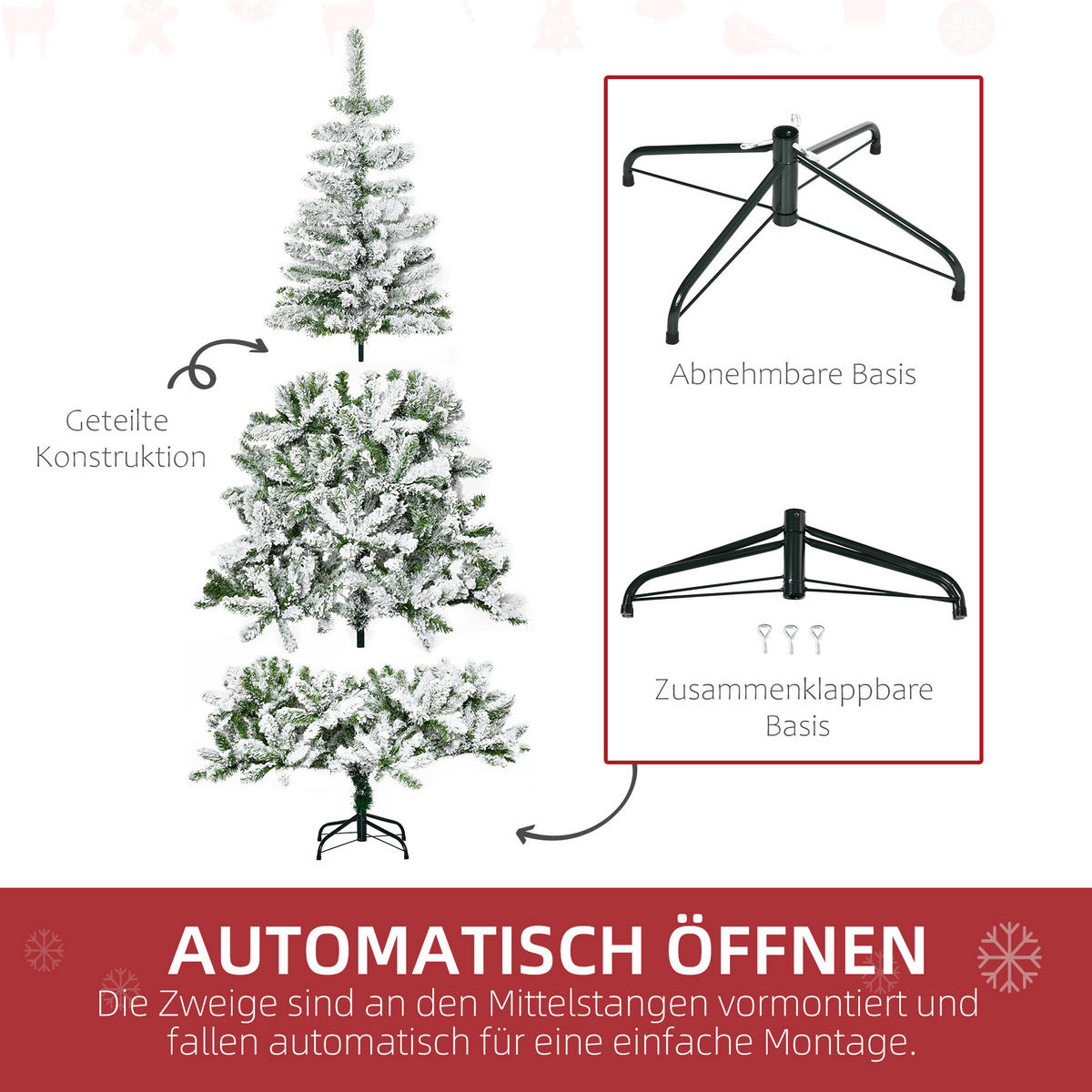 HOMCOM Künstlicher Weihnachtsbaum, 180 cm Christbaum mit Kunstschnee, Indoor - Grün, Holzwerkstoff/Metall (180cm) - HOMCOM