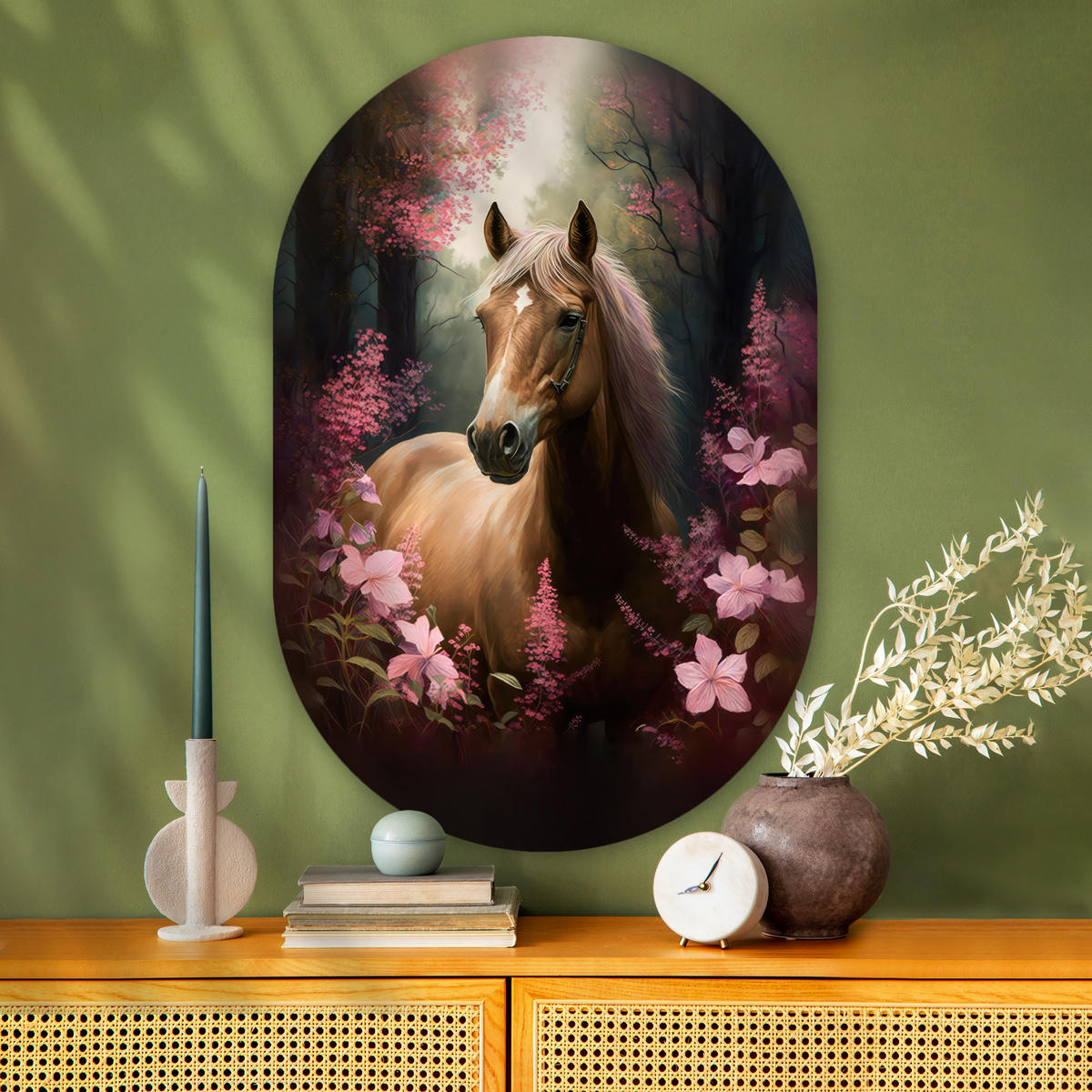 WANDBILD Pferd - Blumen - Rosa - Natur - Wald 80x120 cm - Altrosa, Kunststoff (80/120cm) - MuchoWow