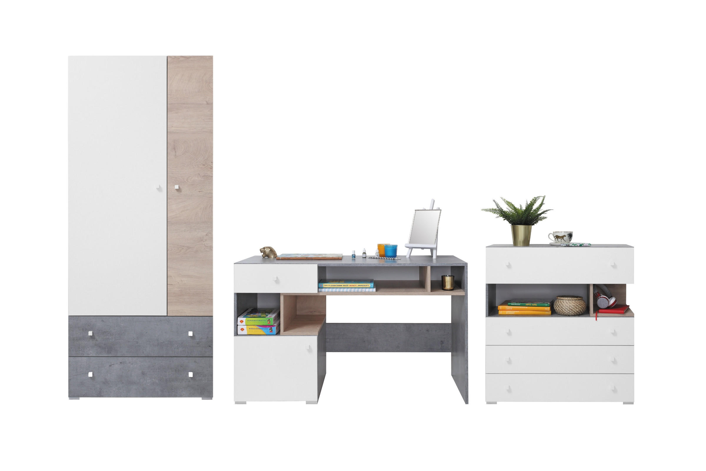 JUGENDZIMMER-SET SIMON B 3-teilig in Grau/Weiß/Eiche - Eichefarben/Weiß, Holzwerkstoff (290/190/55cm) - Deine Möbel 24