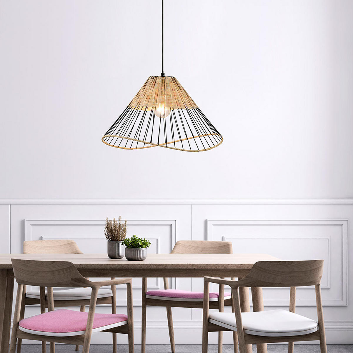 HÄNGELEUCHTE Metall Schwarz Holzgeflecht - Schwarz, Holz (48/48/120cm)