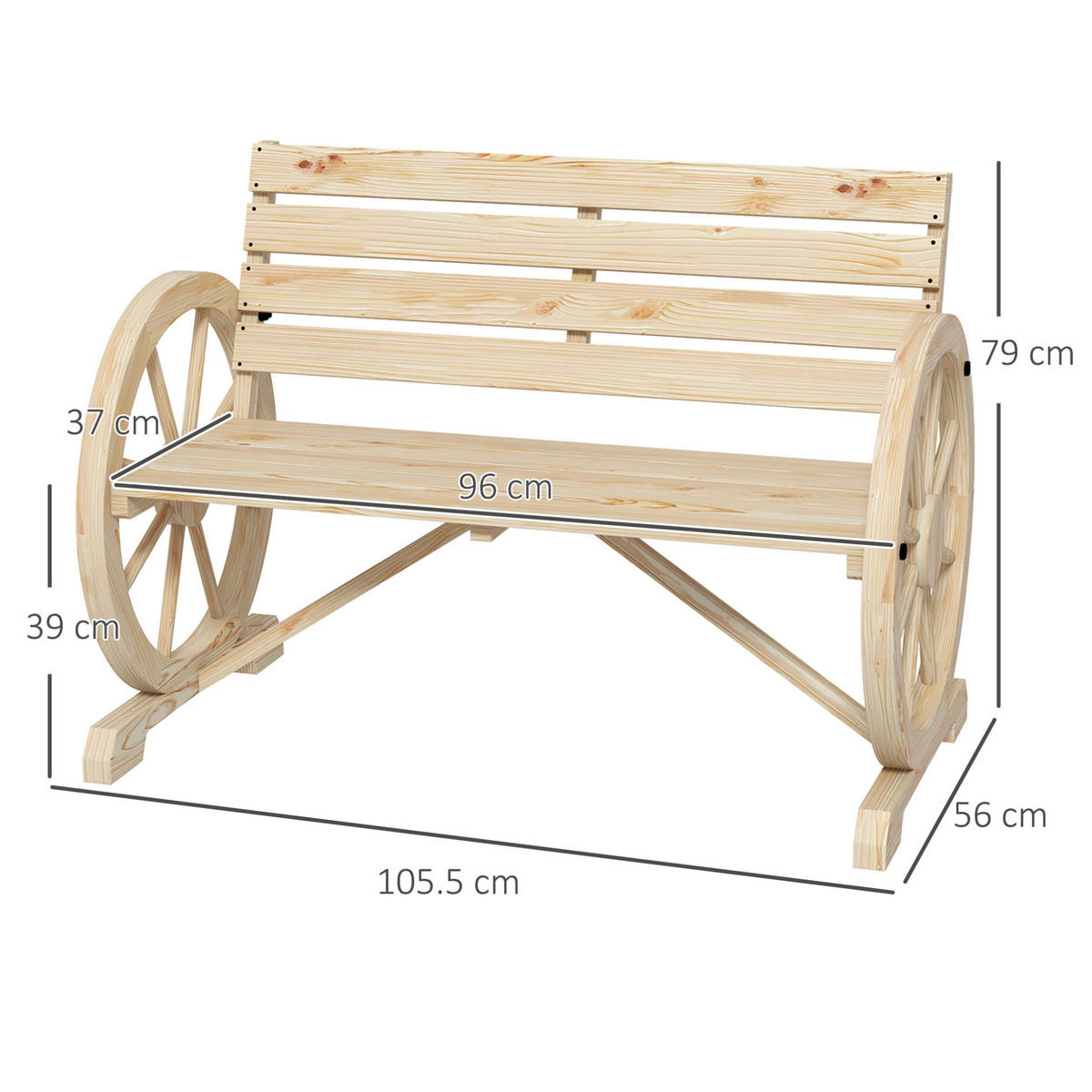 ZAHRADNÍ lavice přírodní z dřeva s područkami ve tvaru kol pro 2 osoby - přírodní, kompozitní dřevo (56/79/105.5cm) - OKWISH