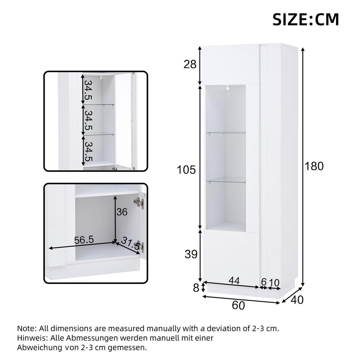 VITRINE 60/40/180 cm in Weiß mit LED-Beleuchtung und Acryltür - Weiß, Holzwerkstoff (60/180/40cm) - Flora Grace