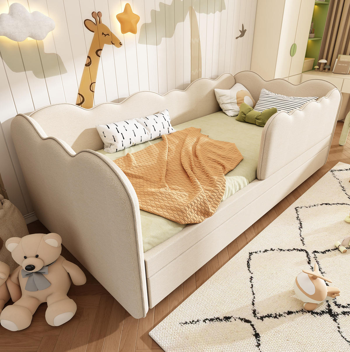 KINDERBETT 90/190 cm mit Ausziehbett, Wolkenform und gepolsterter Rückenlehne, Beige - Beige, Textil (90/190cm) - Redom