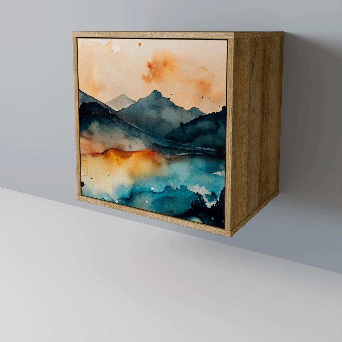 SIDEBOARD OMINOUS MOUNTAINS, Eichefarben, 57,5x42x72,5 cm, Schwarze Metallfüße - Eichefarben/Multicolor, Holzwerkstoff/Metall (57.5/72.5/42cm) - SpaceRebels