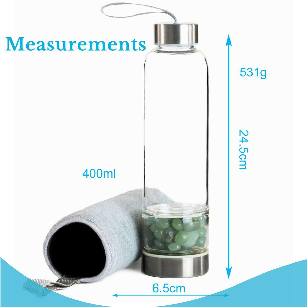 WASSERFLASCHE mit Heilsteinen und Tasche 400ml - Grün, Glas (0.4L) - Intirilife