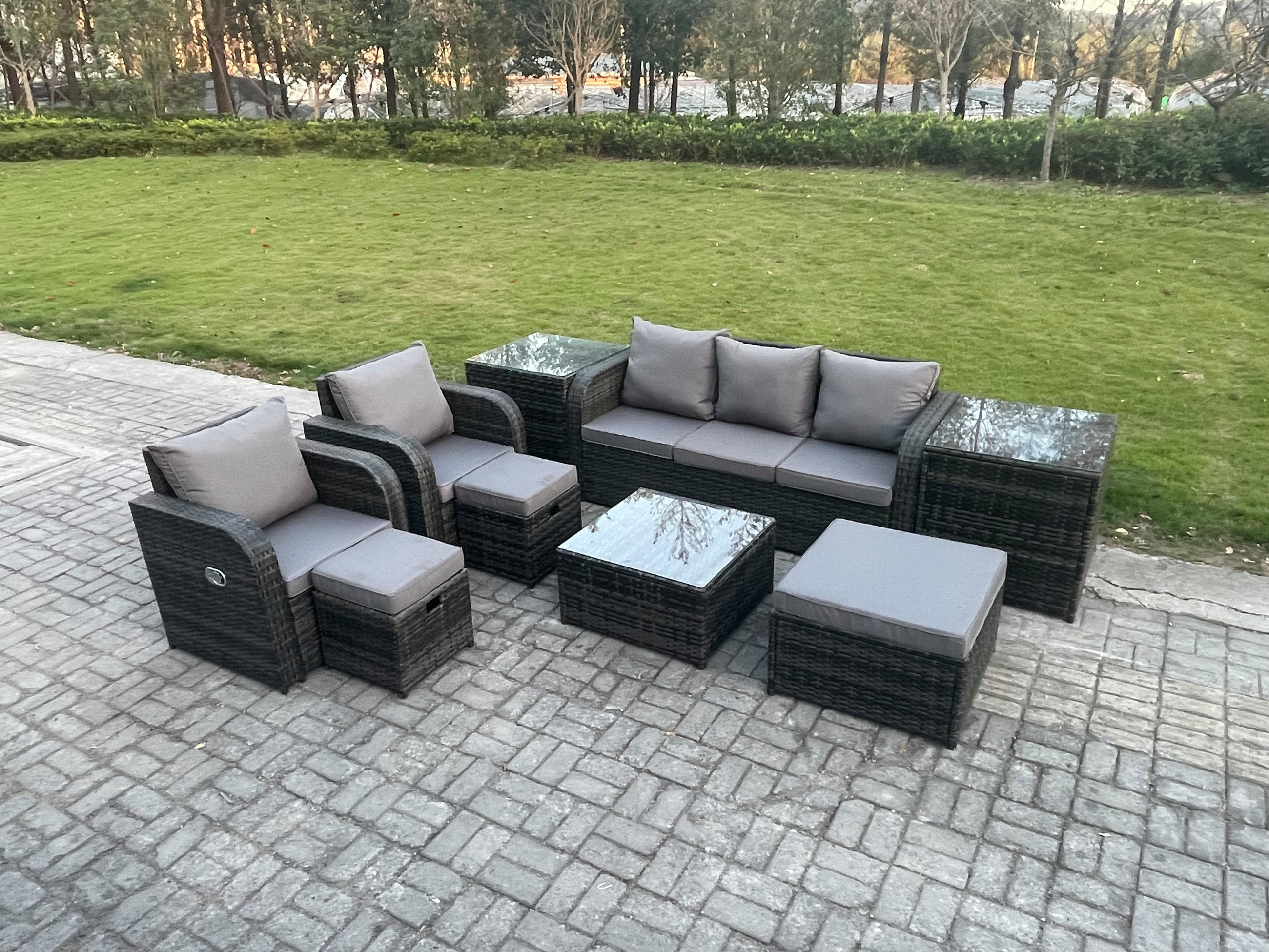 GARTENMÖBELGARNITUR mit KISSEN Polyrattan Dunkelgrau 8-Sitzer - Dunkelgrau/Grau, Glas/Kunststoff - Fimous