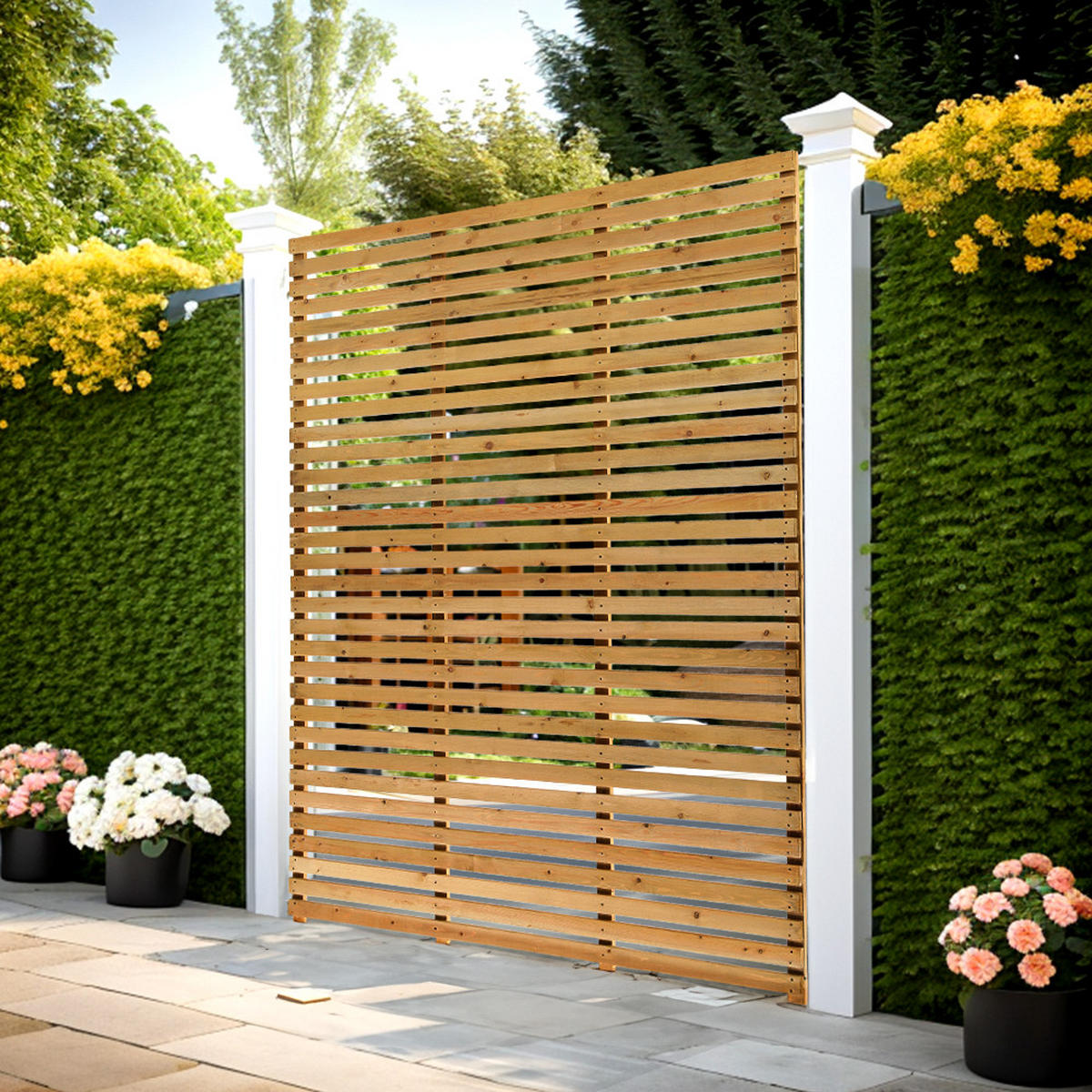 SICHTSCHUTZZAUN aus Kiefernholz in Holzfarbig Lamellen Design pflegeleicht Wasserbasierte 180x180 cm 24,15 kg - Gelb, Holz (4/180cm) - Livingandhome