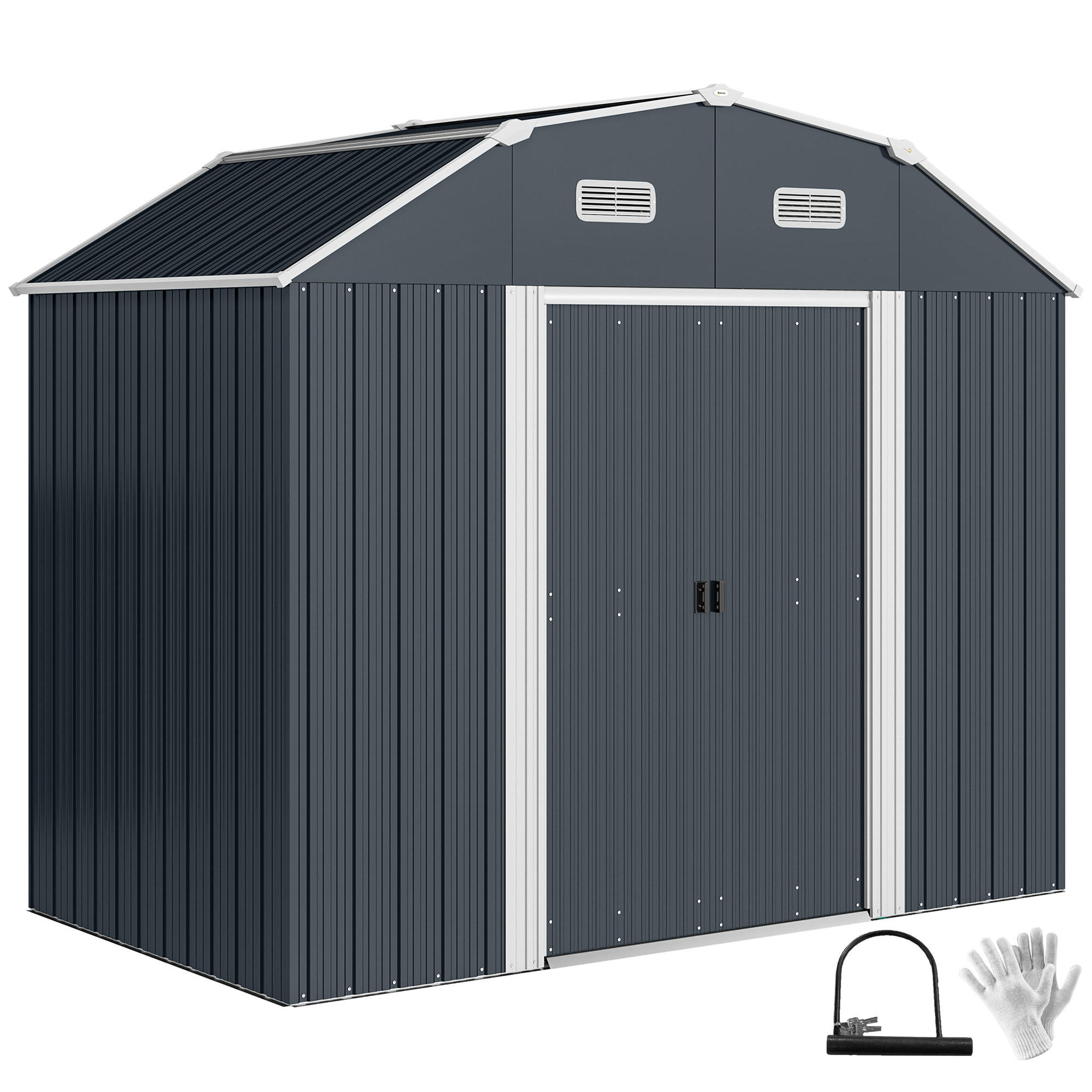 GARTENSCHUPPEN DE-08144 mit 2 Fenstern & 2 Türen, Dunkelgrau - Dunkelgrau, Metall (132/198.5/238cm) - ComfortXL