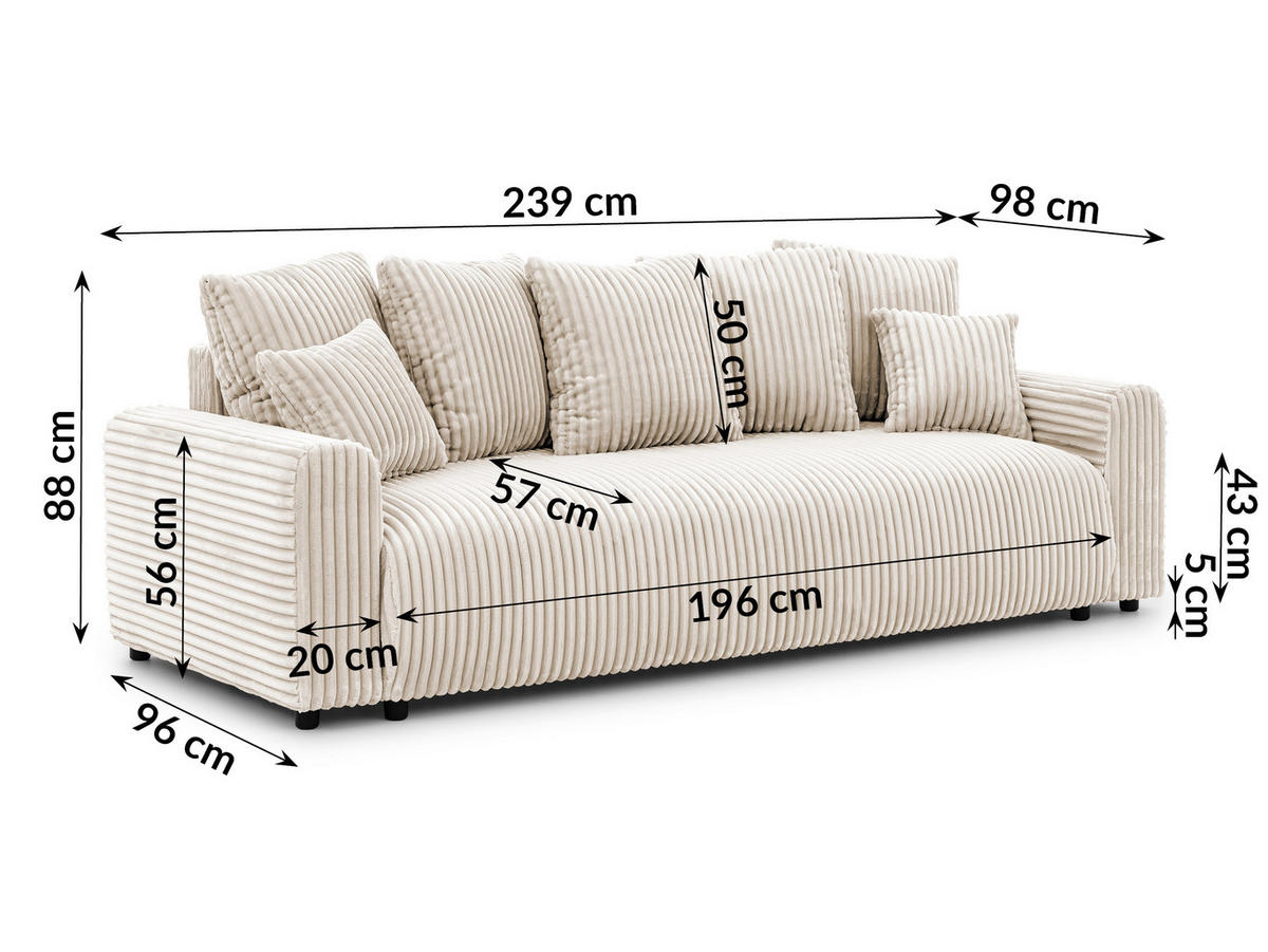 SCHLAFSOFA Calma mit Bettkasten im Bumpy-Design aus weichem Creme Plüschcord - Creme/Schwarz, Holz/Kunststoff (239/88/98cm) - S-Style