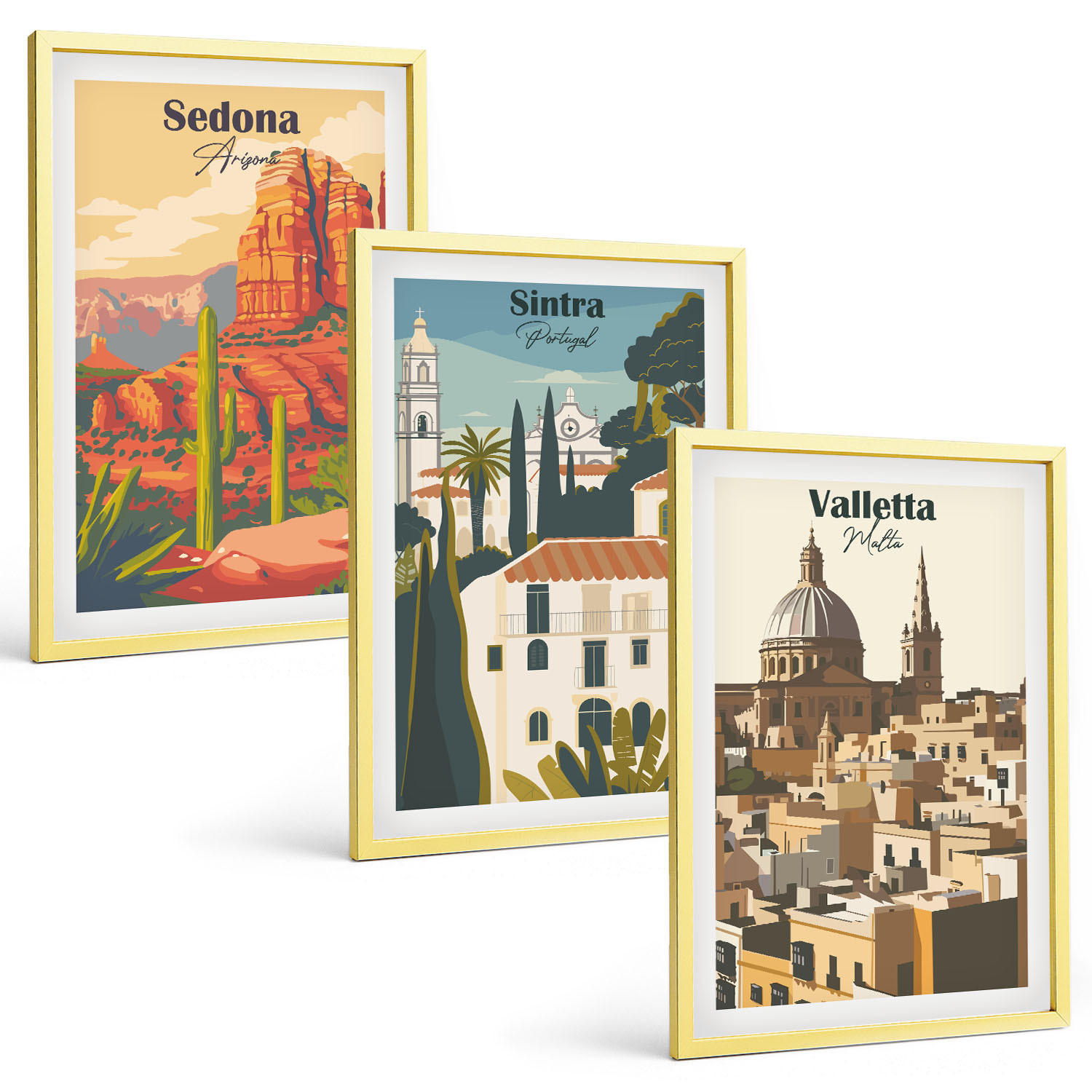 BILDER SET 3er Set - 40x60 cm Goldrahmen - Ansichten Sedona Sintra Valletta Retro - Goldfarben, Kunststoff (40/60cm) - TULUP