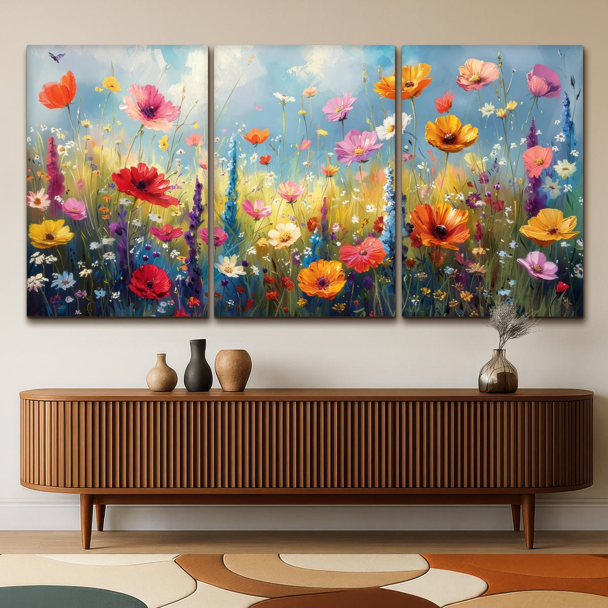 LEINWANDBILD 3er Set Blumen - Frühling - Farbenfroh - Sommerlich 240x120 cm - Orange, Textil (240/120cm) - MuchoWow
