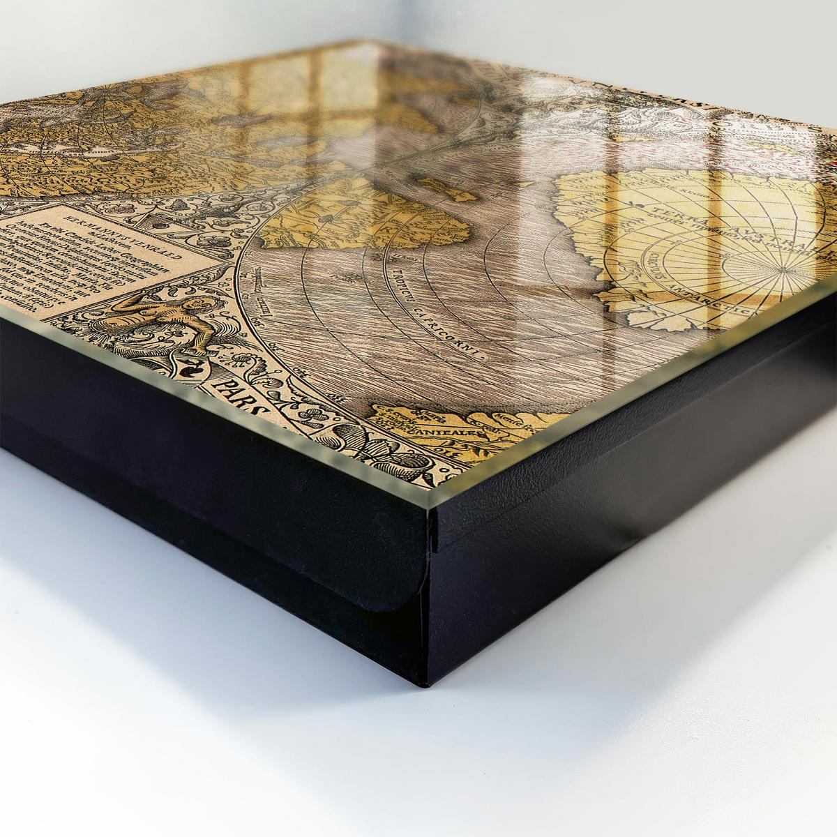 SCHLÜSSELBOX Schwarz 30x30 cm- Türöffnung nach rechts - Antike alte Karte - Gelb, Metall (30/30/5cm) - TULUP